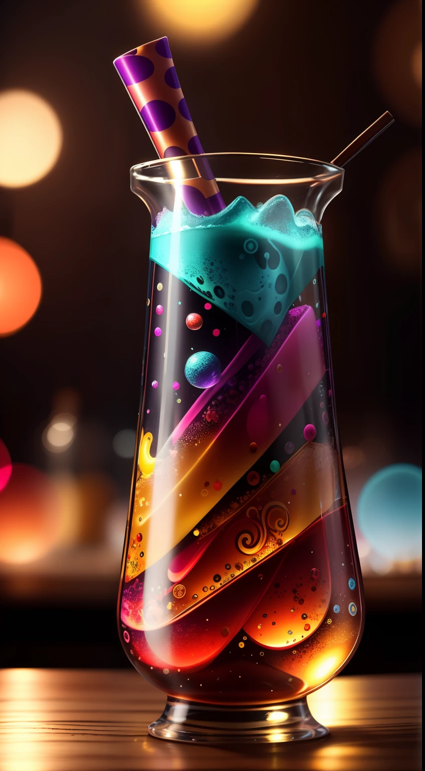 (AbstractPatternStyle potion:1.0) in a (AbstractPatternStyle tall glass:0.9) on a counter
Colorful glowing lights, Bokeh DOF background, colorful particles