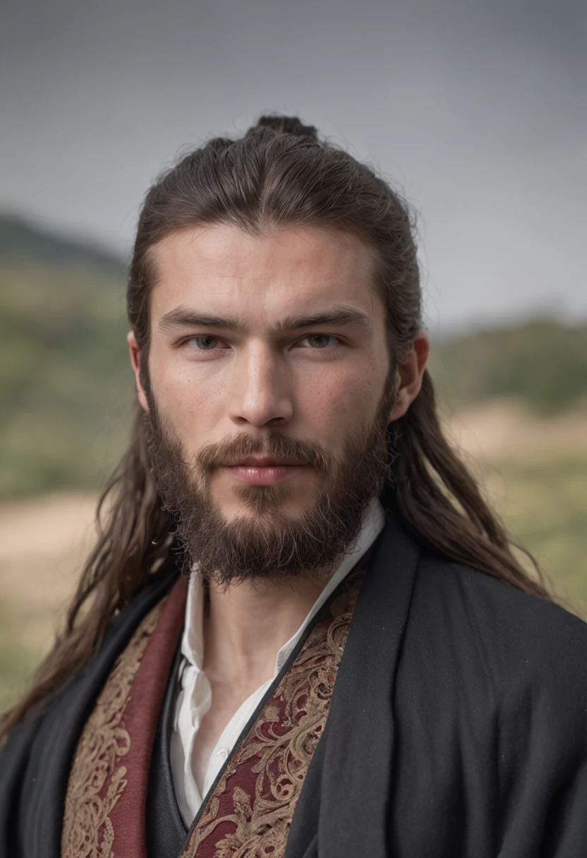 young caucasian man, samurai hair, beard man, dressed like neo, black long coat