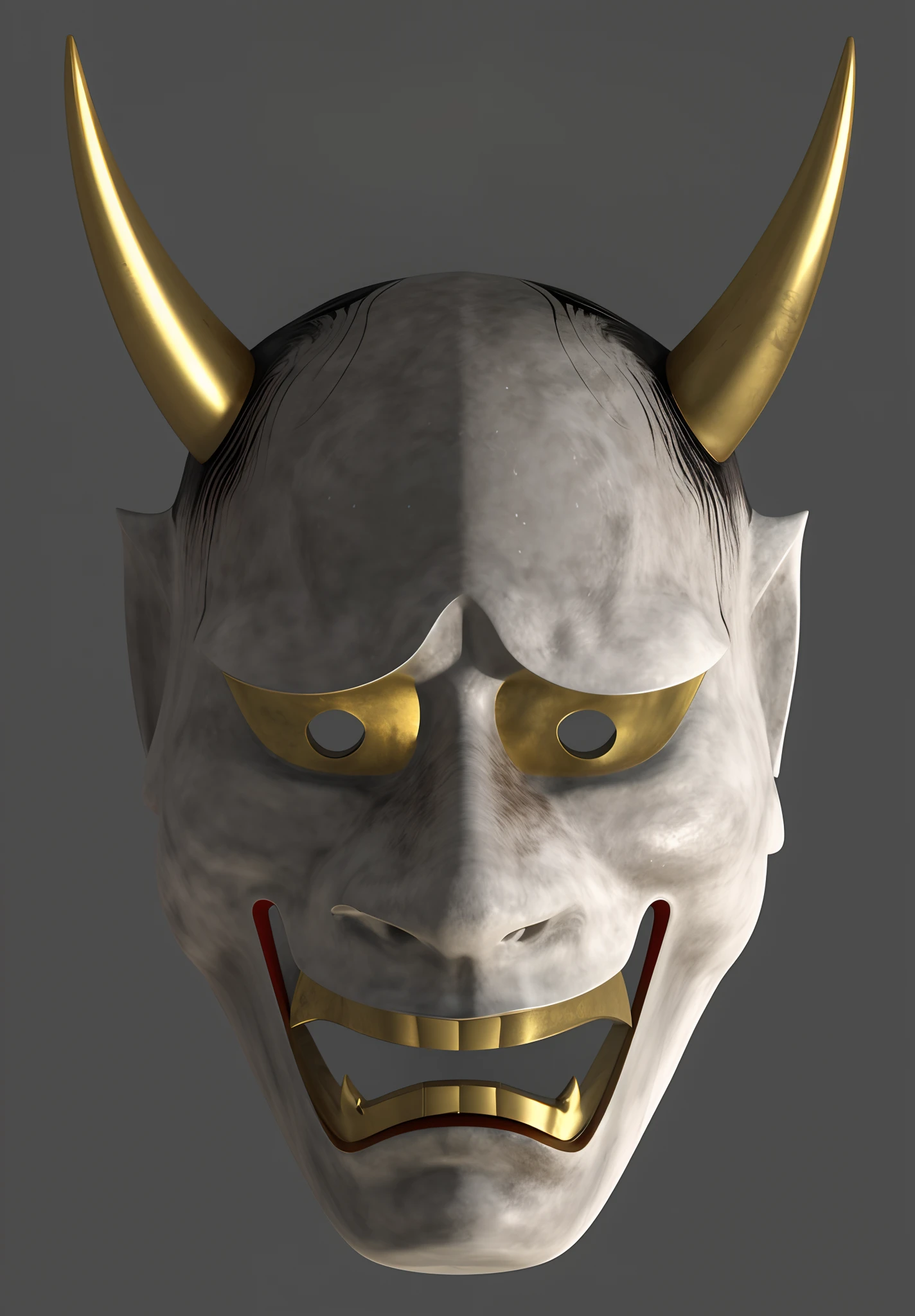 Strong light，The whole thing shines white，The shade is also bright，The forehead also shines brightly，Alafed mask with horns and gold nose and red nose, yasuke 5 0 0 px models, demon samurai mask, oni mask, 3d model of a japanese mascot, Samurai Mask, inspired by Kaigetsudō Anchi, kabuki mask, Inspired by Ryūkōsai Jokei, oni horns