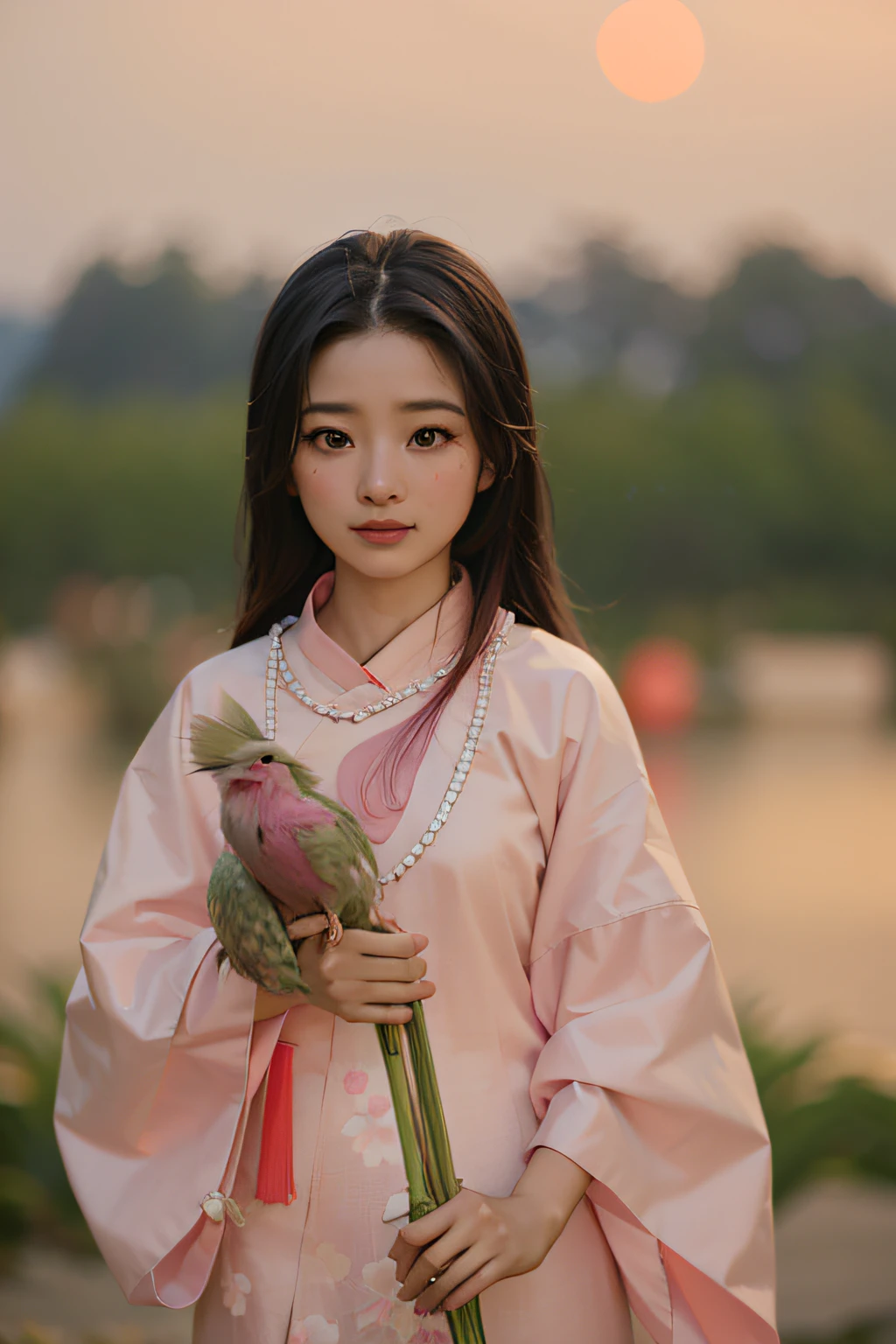 arafed asian girl in pink dress holding a flower and a bird, standing gracefully upon a lotus, young asian girl, in style of lam manh, chinese princess, chinese girl, portrait shot, pink lotus queen, mai anh tran, portrait of mulan, palace , a girl in hanfu, professionally color graded, a stunning young ethereal figure