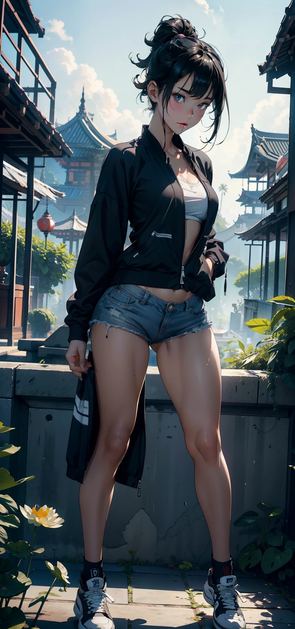 1female,45 yers old,Married Woman,熟妇,mature,plumw,extremely large bosom,Big breasts Thin waist,long leges, 独奏,(Background with:,Angkor Wat,the rainforest,lotus flower,) She has short blonde hair,bobo head,,seen from the front, standing in forest, mostly cloudy sky,(((tmasterpiece),(Very detailed CG unity 8K wallpaper),best qualtiy,cinmatic lighting,detailed back ground,beatiful detailed eyes,Bright pupils,Black eyes,Snow-whiteskin,Redlip(Very fine and beautiful),(Beautiful and detailed eye description),ultra - detailed,tmasterpiece,))facing at camera,A high resolution,ultra - detailed),revealing breasts,Bare genitalia, Bulge,legs are open,Raised sexy,Camel toes,Flushed complexion,Desire for dissatisfaction,frontage,(Wearing:,headset on head,green colored bomber jacket,athletic sneakers)Show shoes