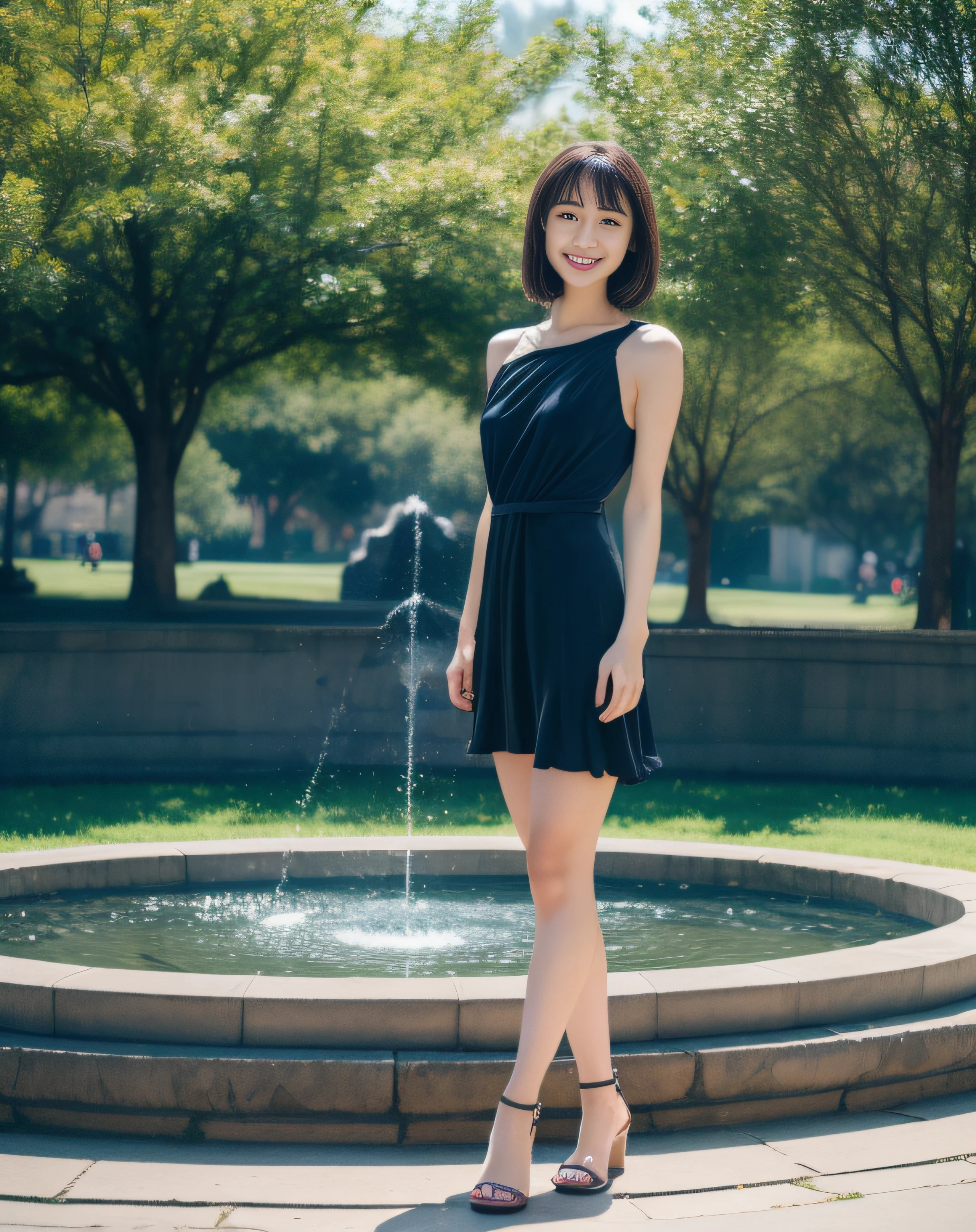((best quality, 8K, masterpiece: 1.3)), beautiful girl, pure, melon face, kind and cute, sweet smile, pure desire, slender body, (front), (tilted head), ((looking at camera) ), wearing a navy blue very short dress, black silky midium hair, long flowing shoulders, round black big eyes, clear big eyes, moist red lips, sweet, standing on front of the fountain, park background , ((((whole body)))),