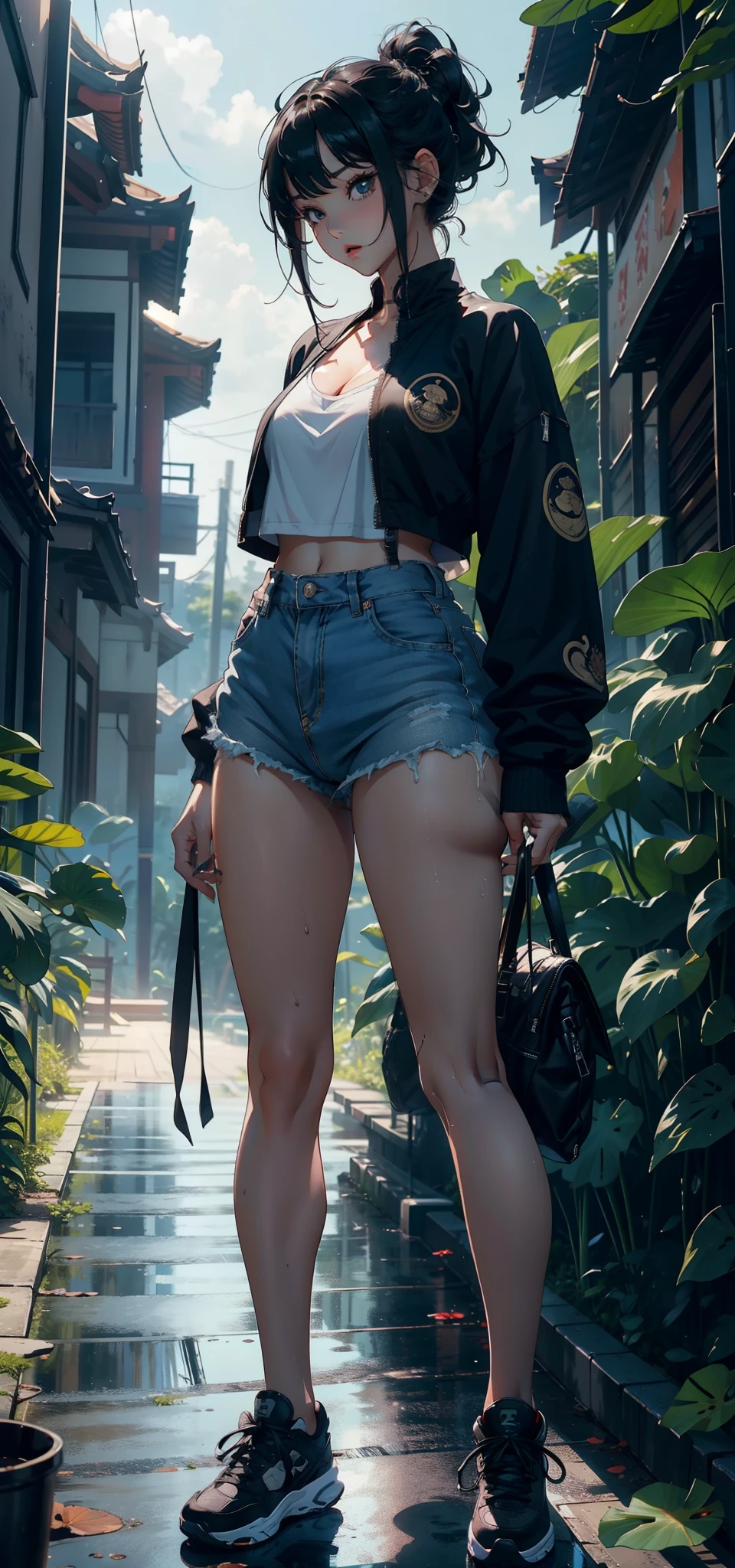 1female,3 years old,bit girl,Small loli,huge-breasted,long leges,slenderlegs,Big breasts Thin waist,Pornographic exposure, 独奏,(Background with:bamboo forrest,lotuses,lotus flower,exteriors,Lotus pond) She has short black hair,Qi bangs,bobo head,standing on your feet,Sweat profusely,drenched all over the body,seen from the front, hair straight, mostly cloudy sky,(((tmasterpiece),(Very detailed CG unity 8K wallpaper),best qualtiy,cinmatic lighting,detailed back ground,beatiful detailed eyes,Bright pupils,Black eyes,(Very fine and beautiful),(Beautiful and detailed eye description),ultra - detailed,tmasterpiece,)),facing at camera,A high resolution,ultra - detailed),revealing breasts,Bare genitalia, Bulge,legs are open,Raised sexy,Camel toes,Flushed complexion,Open-mouthed,frontage,elementary student(Black baseball jacket,Sexy revealing denim panties,black sneaker shoes,nakeness)Full body photo,Show shoes,frontage