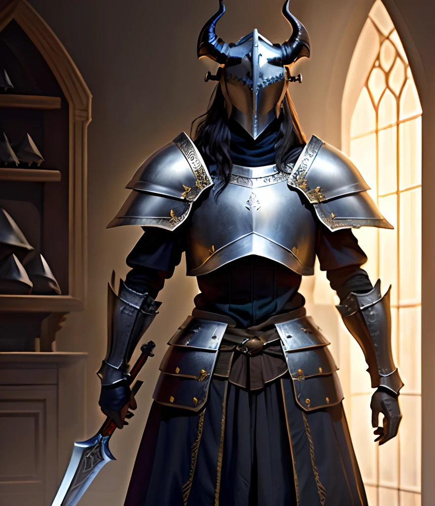 Medieval armor,background inside dark,Horn helmet,Long knives