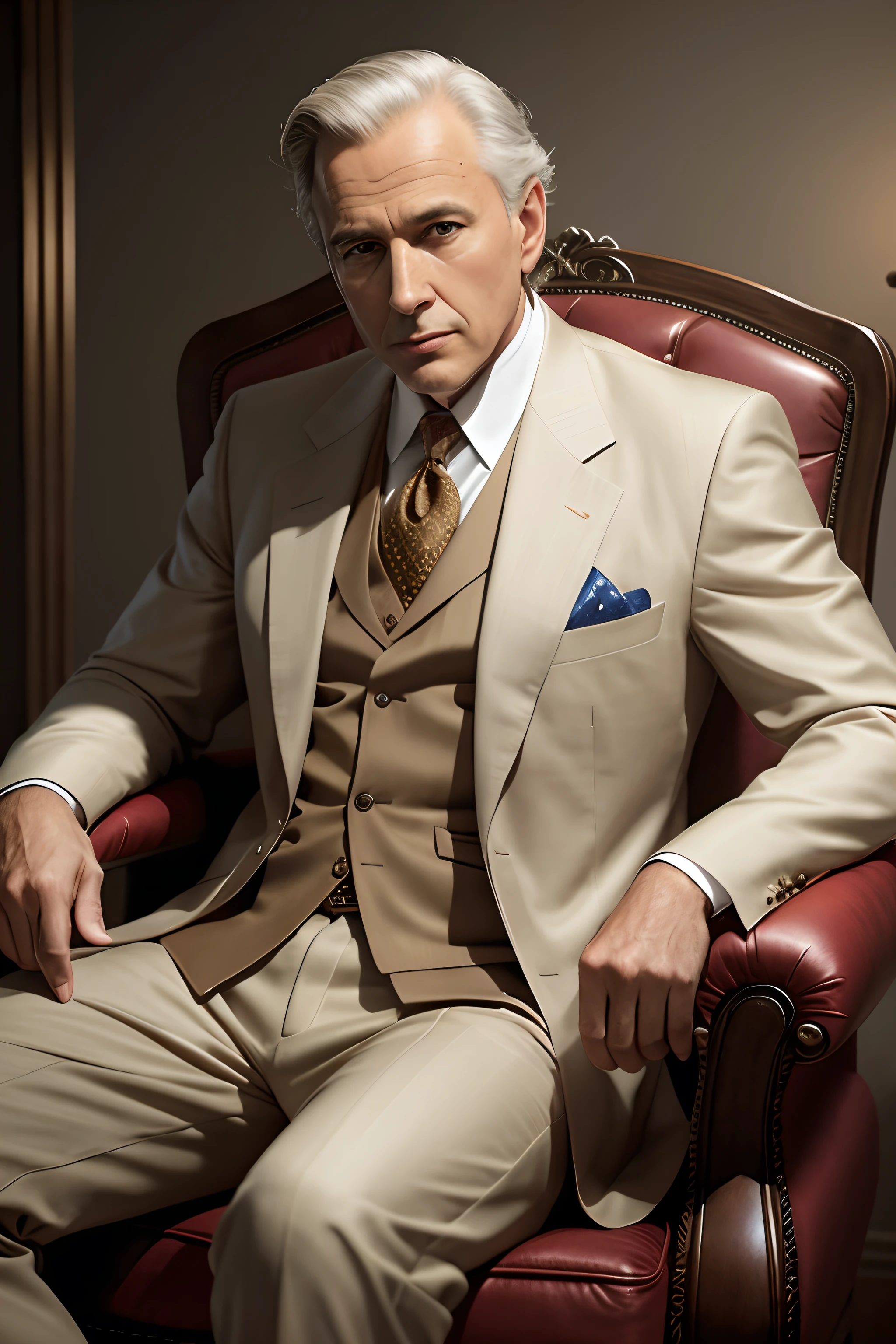 The Aalfed man in a tan suit sits in a red chair, tan suit, elegant cinematic pose, clothed in ancient suit, epic and classy portrait, cinematic realistic portrait, Rendu portrait 8k, high quality portrait, 3-piece-suit, Handsome man, stylish suit, high quality suit, high detail iconic character, 3d render senior artist