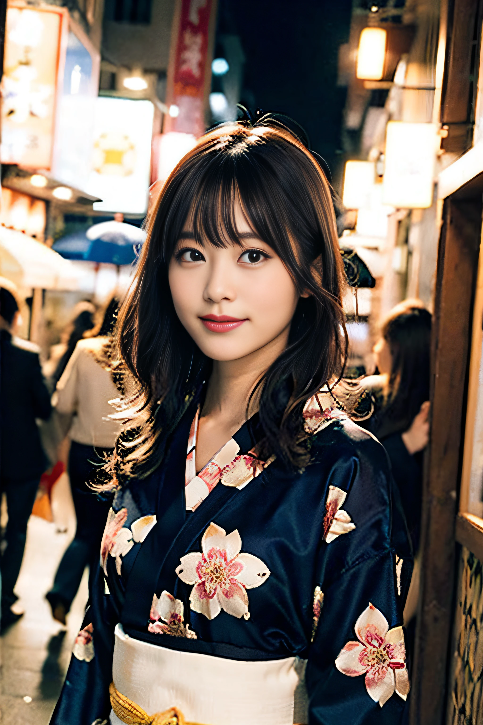 (8K、Raw photography、top-quality、masterpiece:1.2)、(realisitic、Photorealsitic:1.37)、ultra-detailliert、超A high resolution、1人、see the beholder、beautifull detailed face、A smile、Constriction、(Slim waist) :1.3)、Beautiful detailed skin、Skin Texture、Floating hair、Professional Lighting、Whole human body、Longhaire、a blond、Japan floral yukata、matsuri、In the street、sparklers、Bob Hair,Background of the fireworks display