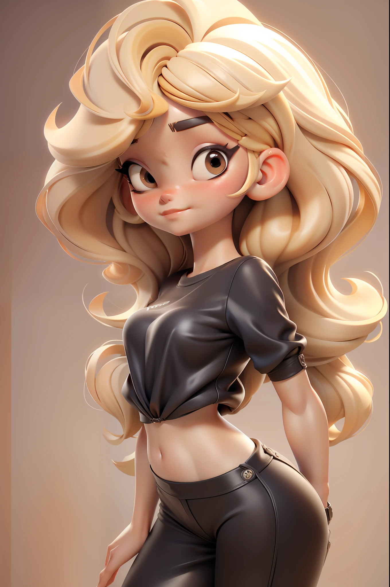 Personagem. De corpo inteiro, rosto estilo 3D, meiga e delicada, com cabelos longos coloridos,chocolate,blonde hair,black t-shirt,fat