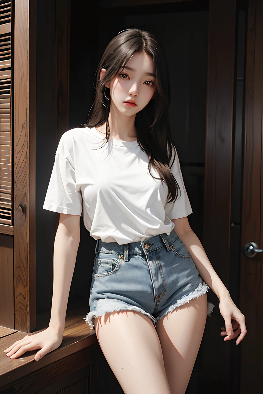 realistic, high resolution, 1 girl, long hair, korean,, loose white shirt, skinny denim shorts,, thighs, panties visible,