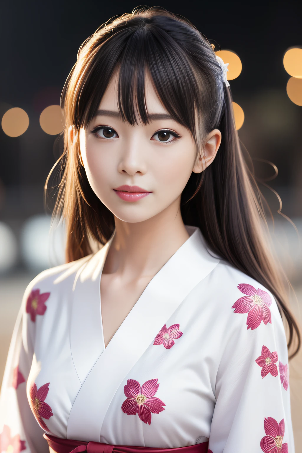 Best Quality、masutepiece、超A high resolution、(Photorealistic:1.4)、(Thin eyebrows:0.2)、(thin lipss:0.8)、(small nose:0.8)、Appearance without makeup、japanes、adult lady、Yukata with white floral pattern、(collars:1.3)、Kimono、Smile、(the perfect body:1.2)、run、dynamicposes、(small nipple:0.7)、Big breasts、firework background、Night background、By Michelangelo、ulzzang -6500-v1.1