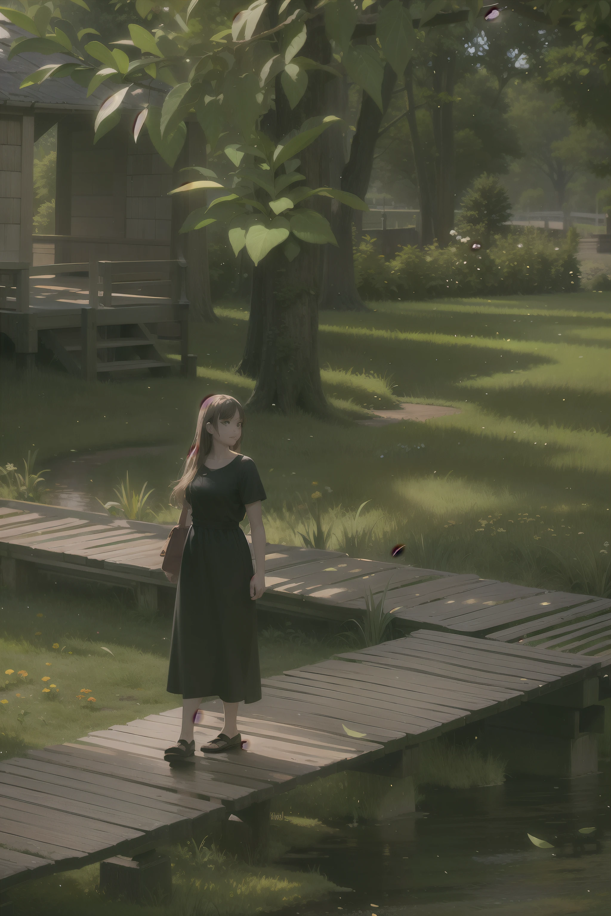 there is a young girl walking on a wooden walkway in a park, she is walking on a river, evening light, nice afternoon lighting, still from a movie, morning light, summer afternoon, walking at the garden, still from the movie, production still, sunday afternoon, morning golden hour, summer evening, late afternoon, still from l'estate, late evening