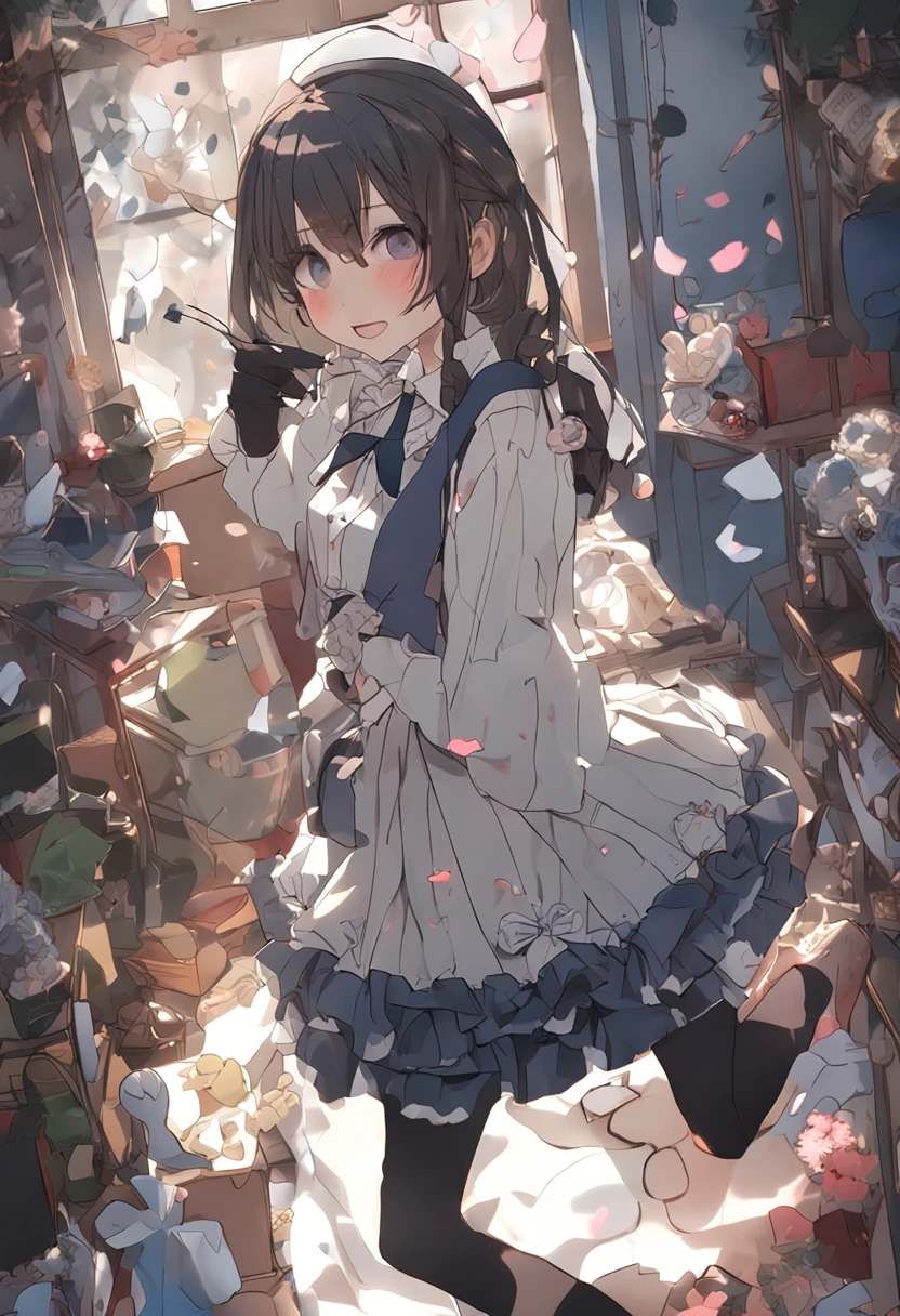 a beauty girl，Slender thighs，White skin，Lolita costume，The upper body clothes are somewhat broken，Intimate exuberance