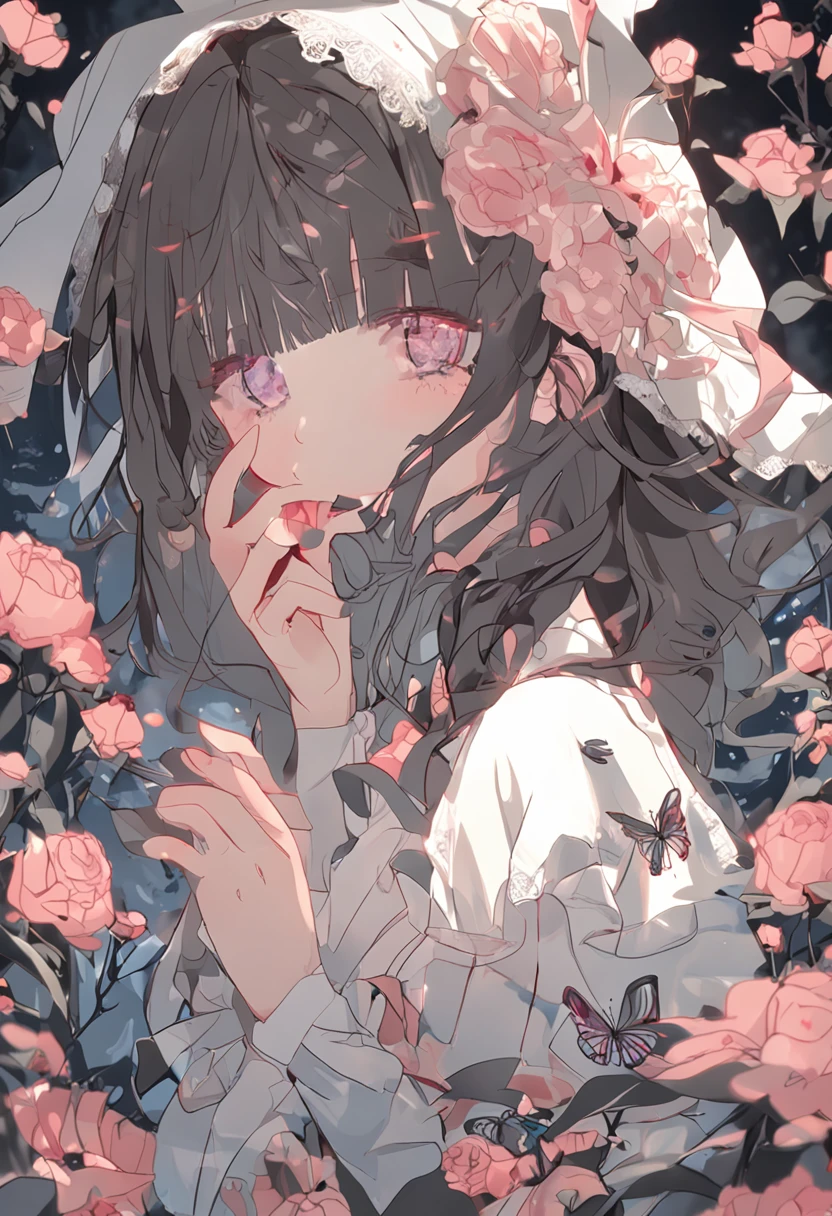 a beauty girl，Slender thighs，White skin，Lolita costume，The upper body clothes are somewhat broken，Intimate exuberance