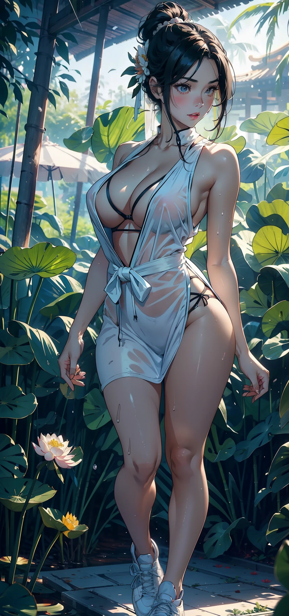 1female，35yo，，long leges，Bihin waist，Slim，huge-breasted ，Porhic exposu奏，（Background with：bamboo forrest，lotuses，lotus flower，exteriors，Lotus pond） She has short black hair，standing on your feet，Sweat profusely，drenched all over the body，seen from the front， hair straight， mostly cloudy sky，（（（tmasterpiece），（Very detailed CG unity 8K wallpaper），best qualtiy，cinmatic lighting，detailed back ground，beatiful detailed eyes，Bright pupils，Black eyes，（Very fine and beautiful），（Beautiful and detailed eye description），ultra - detailed，tmasterpiece，）），facing at camera，A high resolution，ultra - detailed），revealing breasts，Bare genitalia， legs are open，Raised sexy，Camel toes，Flushed complex，Openfrontage，White floral headband，elementary student（Wearing：Sexy revealing loli dress，athletic sneakersll body photo，Sshoes，The camera looks from the bottom up