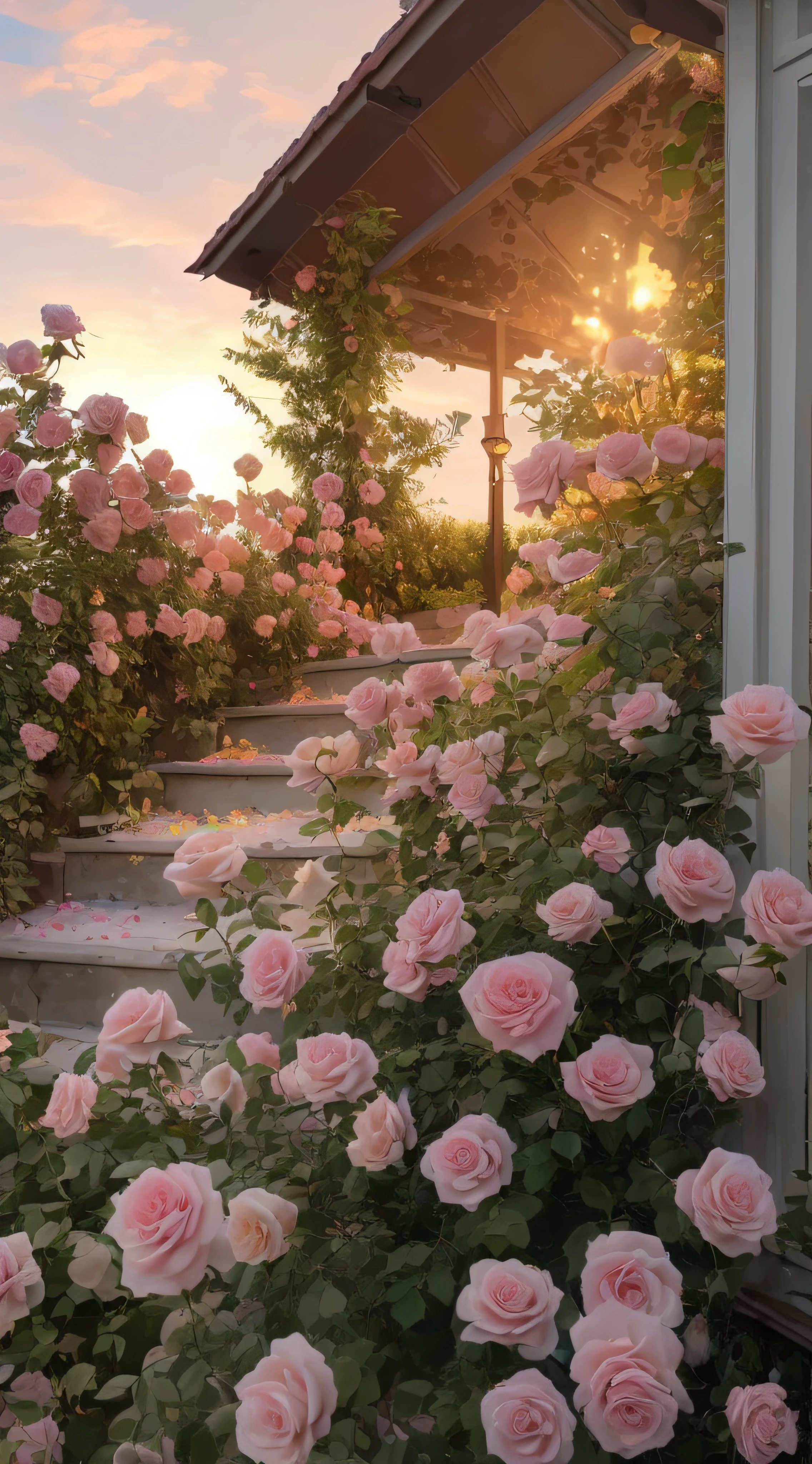 A bush of pink roses outside the house, beautiful and aesthetic, soft pink, beautiful aesthetic, roses in movie lights, lush flowers outdoors, nature and floral aesthetics, rose garden, roses, portal made of roses, beautiful images, roses, fantastic aesthetics, in a cottage core garden, pink golden hour, (masterpiece:1.6, best quality), (fine detailed beautiful eyes: 1.2), (extremely detailed CG unity 8k wallpaper, masterpiece , super detailed, best shadows), (detailed background), high contrast, (best lighting, extremely delicate and beautiful), ((color paint splatter on transparent background, Dulux,)), ((caustics) ), dynamic angles, beautiful detail glow,