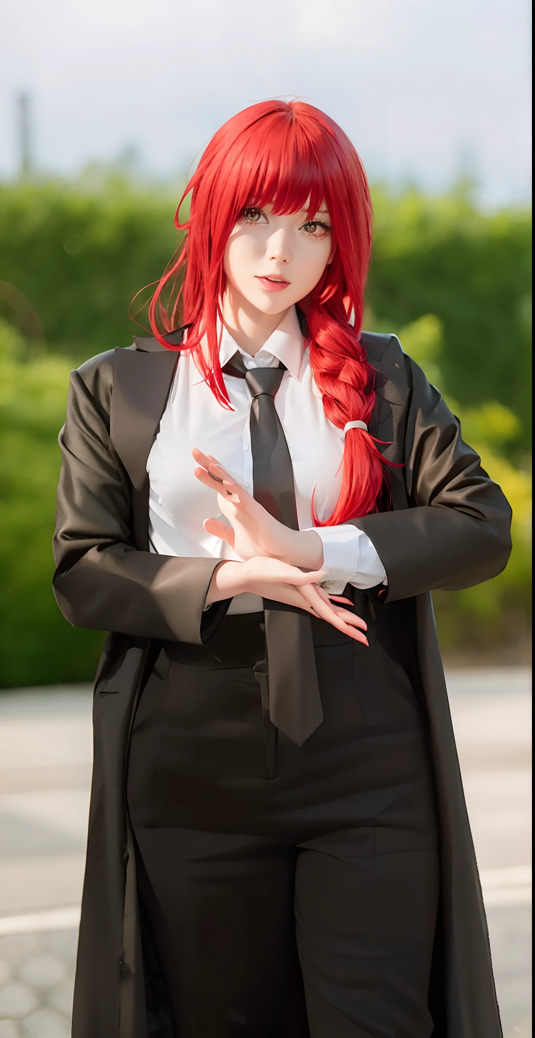 there is a woman with red hair and a black coat posing, professional cosplay, anime girl cosplay, anime cosplay, erza scarlet as a real person, wearing a black and red suit, girl in suit, girl in a suit, rias gremory, publicity cosplay, wearing a black noble suit, akane owari danganronpa, with red hair