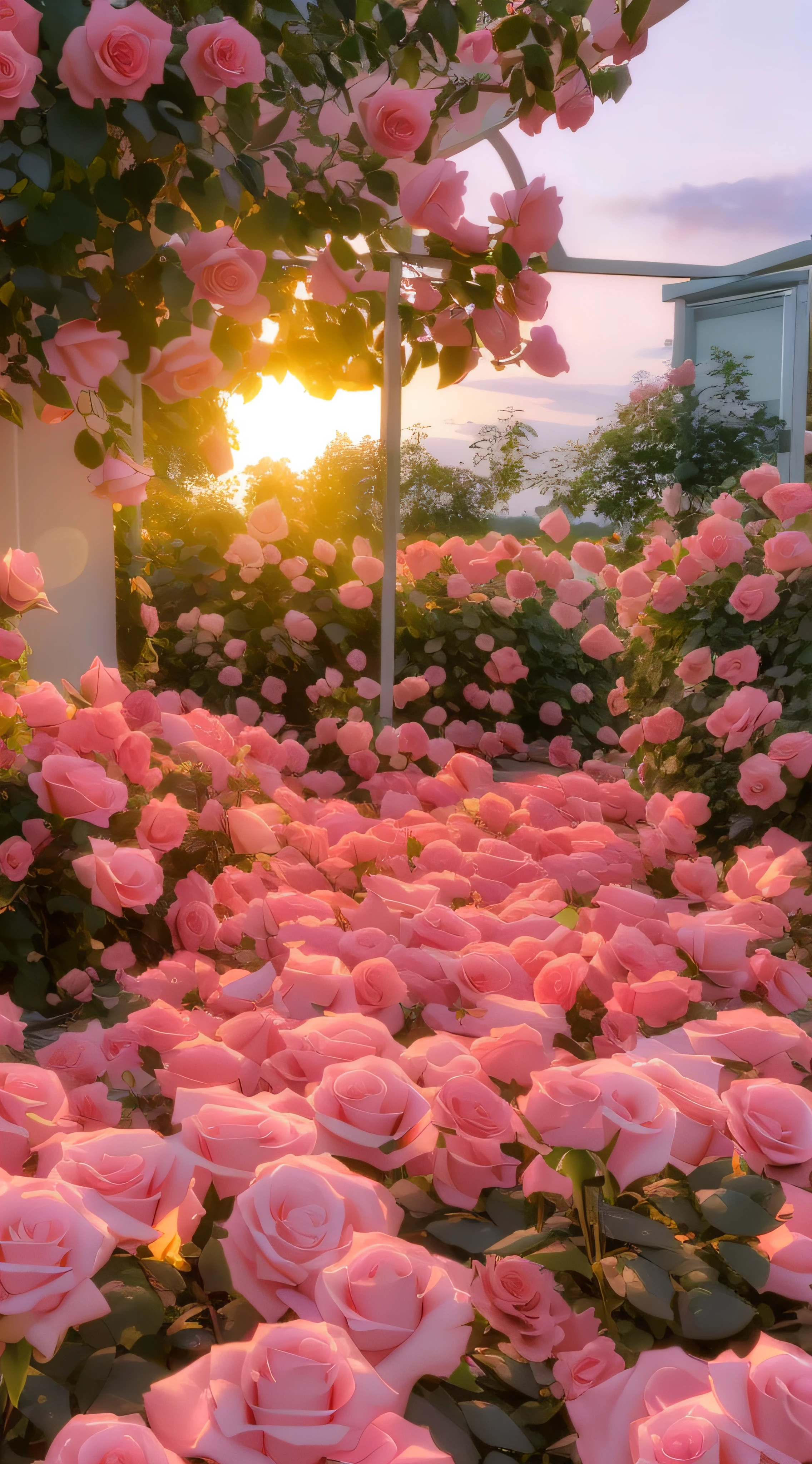 pink roses are in the foreground of a garden with a sunset in the background, beautiful aesthetic, pink golden hour, roses in cinematic light, an aesthetic field of flowers, pink sunlight, explosion of flowers, floral sunset, beautiful and aesthetic, portal made of roses, radiant morning light, rose garden, soft light 4 k in pink, beautiful flowers, rose pink lighting