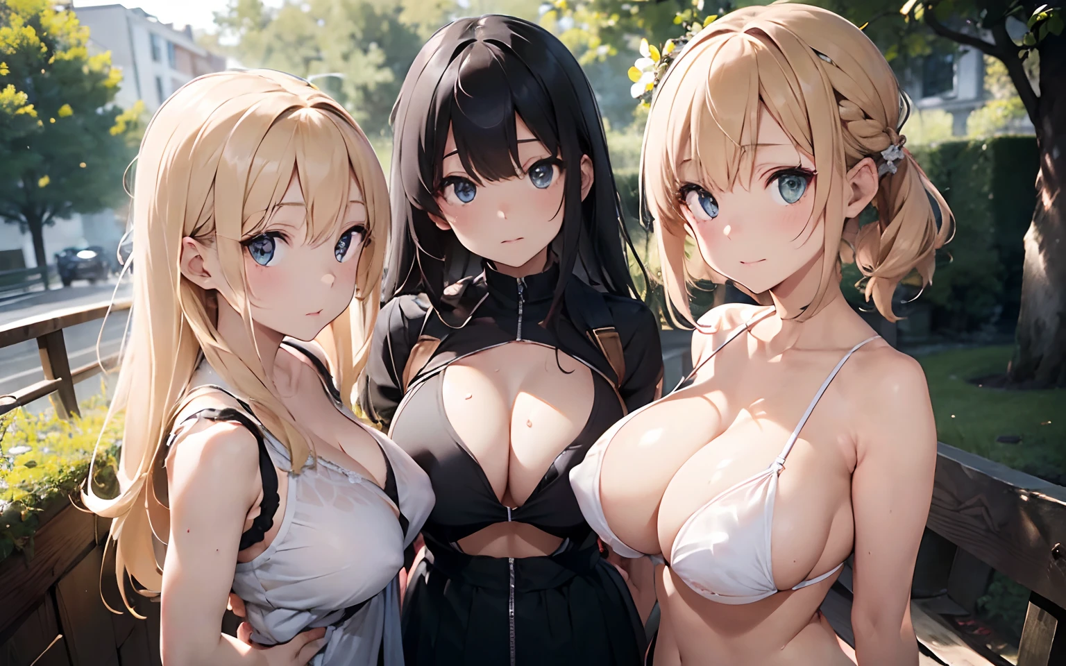 (absurderes、Absolute resolution、incredibly absurdness、hight resolution、ultra-detailliert:1.0、Official art)、master piece, Sharp Focus ,Delicate Beautiful Hair and Eyes and Face, Lifelike, Hyper-detailing, 2 Mature women, Dynamic Hair, slender,pale skin, Nudists, natural(Colossal tits:1.3), cleavage of the breast,((The areol)),(teats),((exposed breast)), ((cum on chest)),((cum on the body)),((Bukkake)),((covered in cum)), Beautiful cute woman,,(Delicate pale blonde hair),(length hair),delicate dark green eyes, , Sexual temptation, scornful look,Contemptuous gaze,(breast rest)、(((arms behind back))), a plant, Beautiful spring in the forest