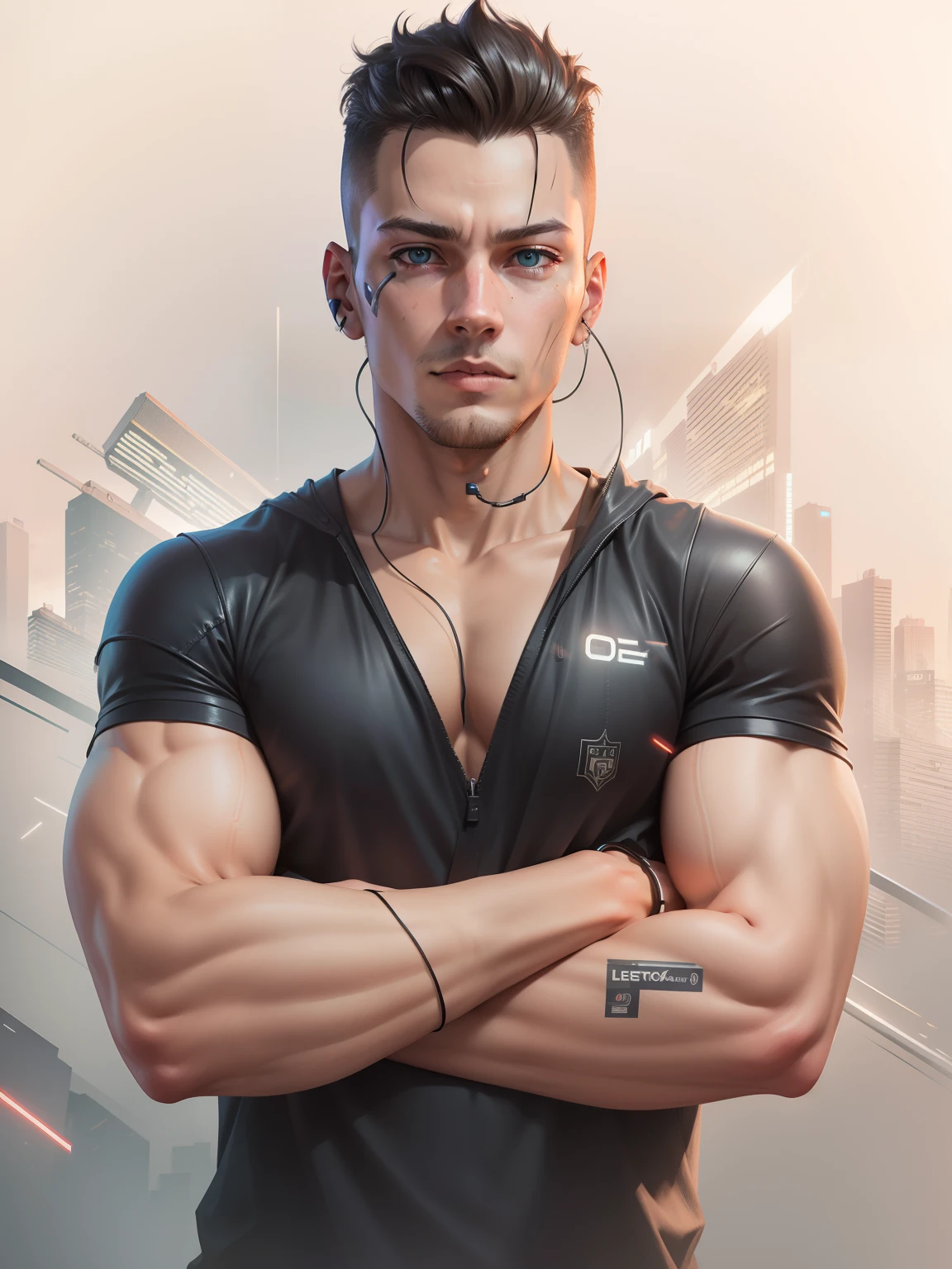 Digital artwork featuring a muscular male character with a glowing crimson head, spiky white hair, and piercing luminous red eyes in a highly detailed, anime-inspired, hyper-realistic style. The character is depicted in a side profile, showcasing a meticulously rendered, anatomically correct physique with prominent abs and chest muscles. He wears a torn, long-sleeved black shirt that exposes his upper body, with textured, sweat-glistened skin, and a pair of black pants with a white drawstring. The dark background features a gradient effect and small, glowing blue and white particles scattered around, adding a dynamic feel to the 4K, high-resolution image. On the left side, a stylized logo resembling an eye is emblazoned above the text 'Artvision1999' in a graffiti-like font, adding a burst of vibrancy to the overall design.