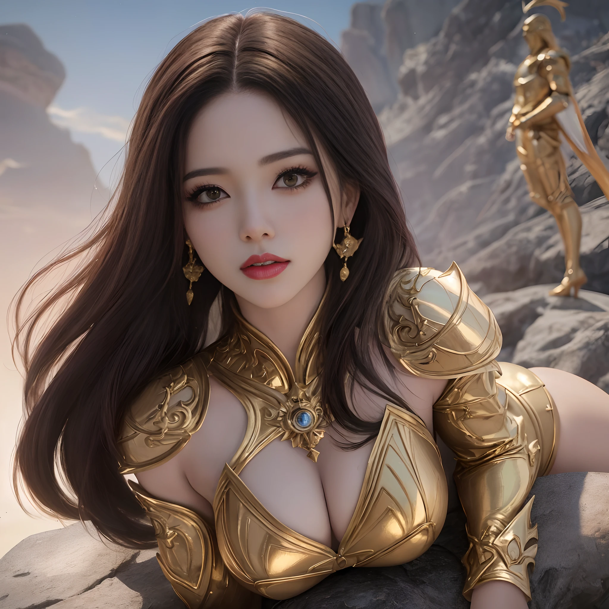 (realista), (garota sexy)A closeup of a woman in a golden outfit standing on a rock, Retrat(the Knights of the Zodiac Girl), knights of zodiac girl, Artgerm extremamente detalhado, Artgerm JSC, Modelo IG | Artgerm, Estilo Artgerm, Artgerm em ArtStation Pixiv, Artgerm detalhado, Estilo Artgerm, Artgerm. anime illustration