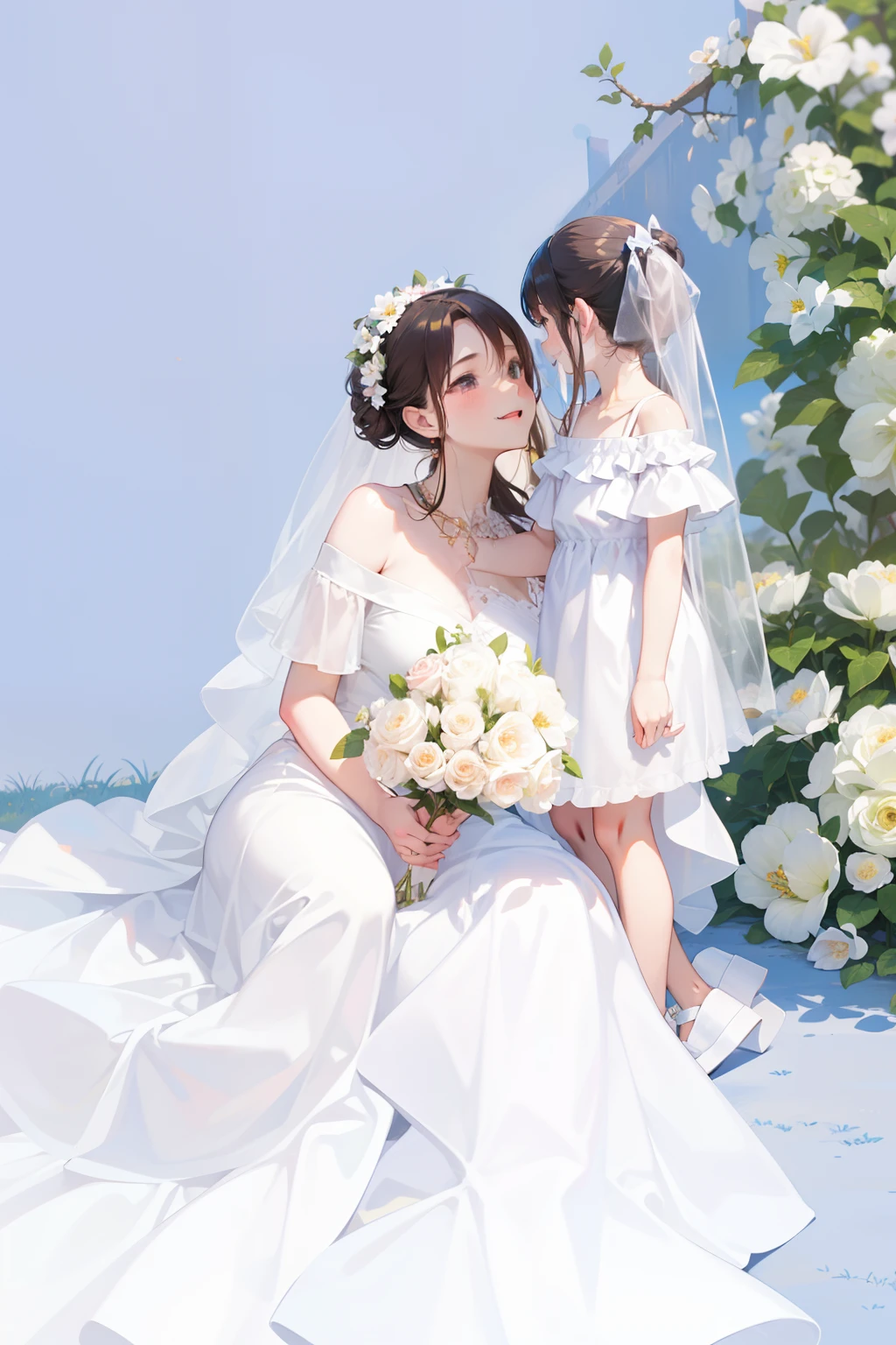 couple, 2girl, mom and child, laying on the grass, smile, laugh, romantic atmosphere, behind the flower, flower field, blue sky, landscape