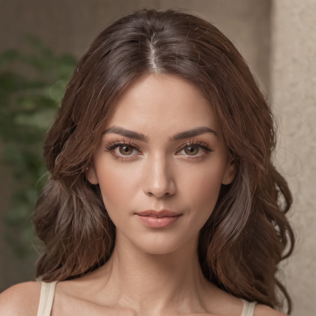 40 years old woman with arched eyebrows, tanned skin, full lips, round face, hazel eyes, wavy hair nikon d850, photorealistic shown body --ar 3:2 --v 5.2