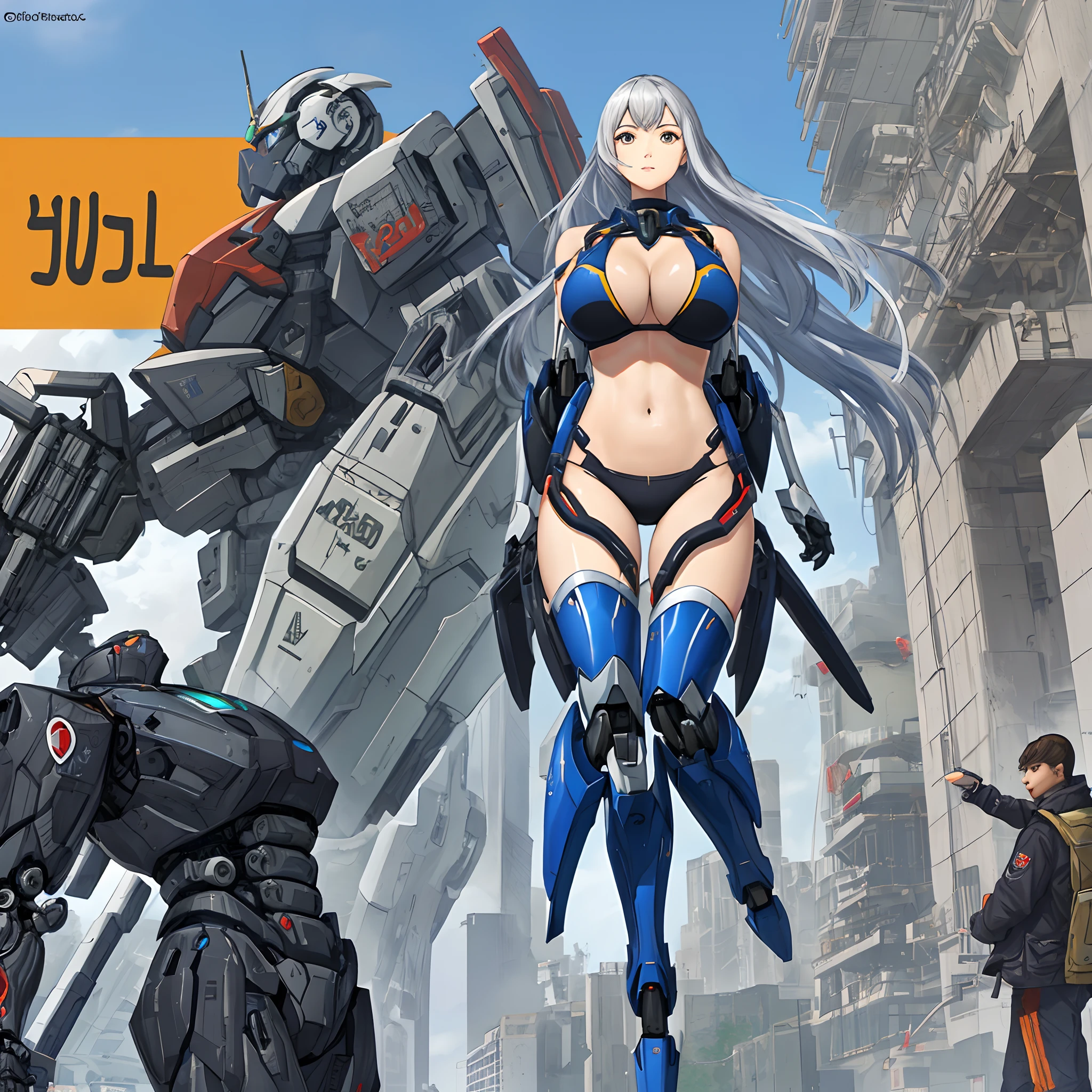 Woman body defines thick thigh cybernetics body parts, exposing large breasts, mecha wind, revealing face