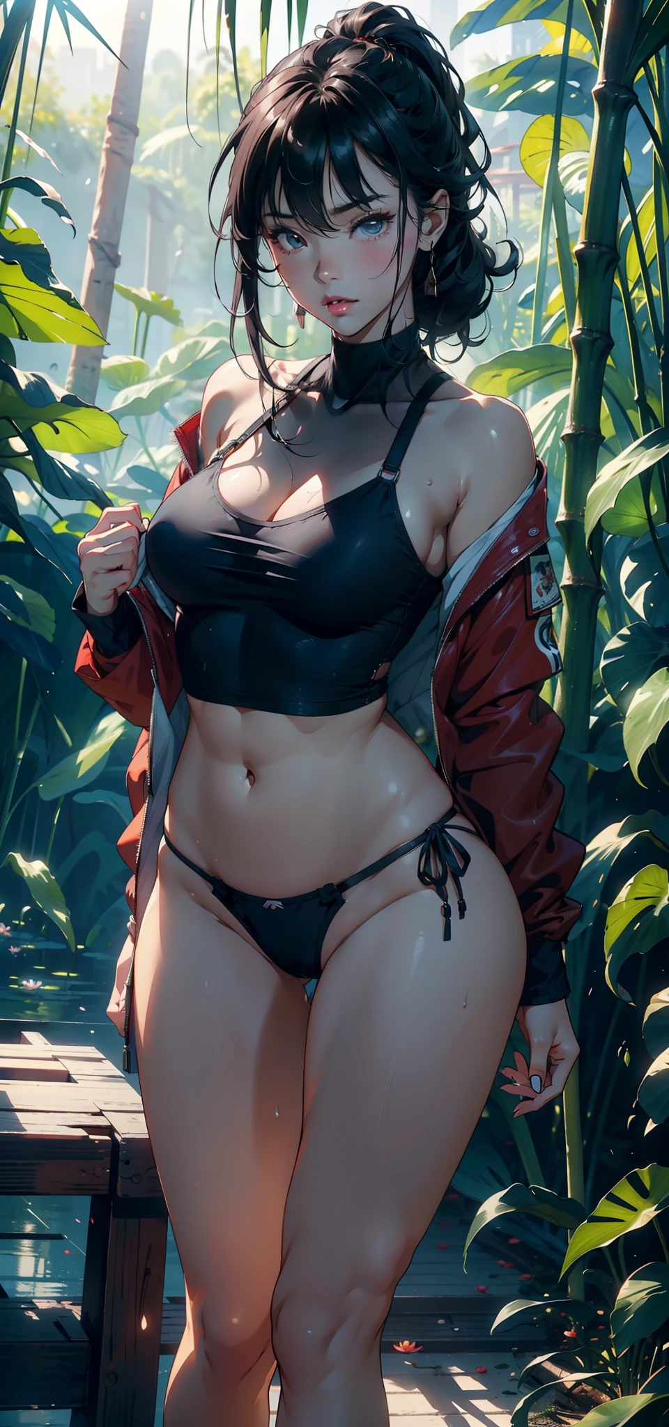1female,,bit girl,Small loli,huge-bted,long leges,slenderlegs,Big breasts Thin waist,Pornographic exposure, 独奏,(Background with:bamboo forrest,lotuses,lotus flower,exteriors,Lotus pond) She has short black hair,Qi bangs,bobo head,standing on your feet,Sweat profusely,drenched all over the body,seen from the front, hair straight, mostly cloudy sky,(((tmasterpiece),(Very detailed CG unity 8K wallpaper),best qualtiy,cinmatic lighting,detailed back ground,beatiful detailed eyes,Bright pupils,Black eyes,(Very fine and beautiful),(Beautiful and detailed eye description),ultra - detailed,tmasterpiece,)),facing at camera,A high resolution,ultra - detailed),revealing breasts,Bare genitalia, Bulge,legs are open,Raised sexy,Camel toes,Flushed complexion,Open-mouthed,frontage,elementary student(Red baseball jacket,Sexy revealing denim panties,black sneaker shoes,nakeness)Full body photo,Show shoes,frontage
