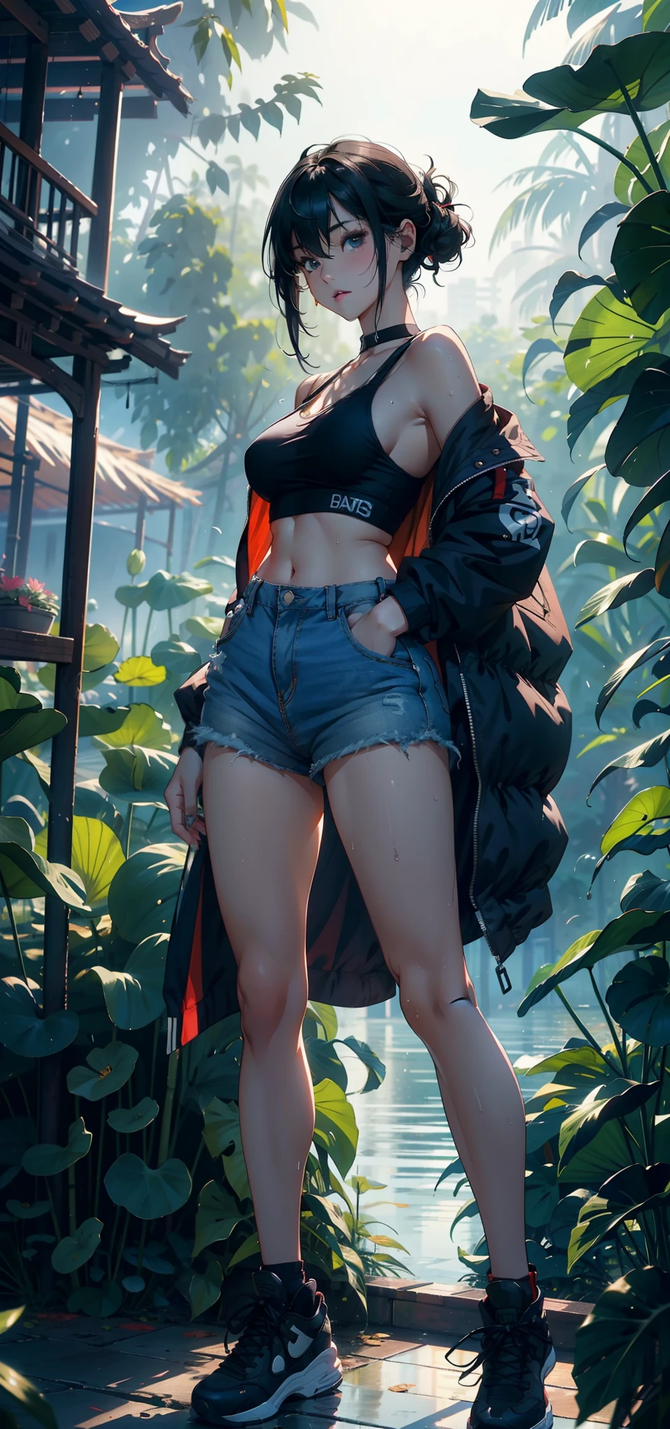 1female,,Small loli girl,Tiny breasts,Pornographic exposure, 独奏,(Background with:ln the forest,the rainforest,in summer) She has long pink hair,standing on your feet,Sweat profusely,drenched all over the body,seen from the front, curlies, mostly cloudy sky,(((tmasterpiece),(Very detailed CG unity 8K wallpaper),best qualtiy,cinmatic lighting,detailed back ground,beatiful detailed eyes,Bright pupils,(Very fine and beautiful),(Beautiful and detailed eye description),ultra - detailed,tmasterpiece,)),facing at camera,Full body photo,A high resolution,ultra - detailed),revealing breasts,Bare genitalia, Lower body elevation,Raised sexy,Camel toes,Flushed complexion,Open-mouthed,frontage,baseball cap(Wearing:Red baseball jacket,Black panty,slippers)nakeness,