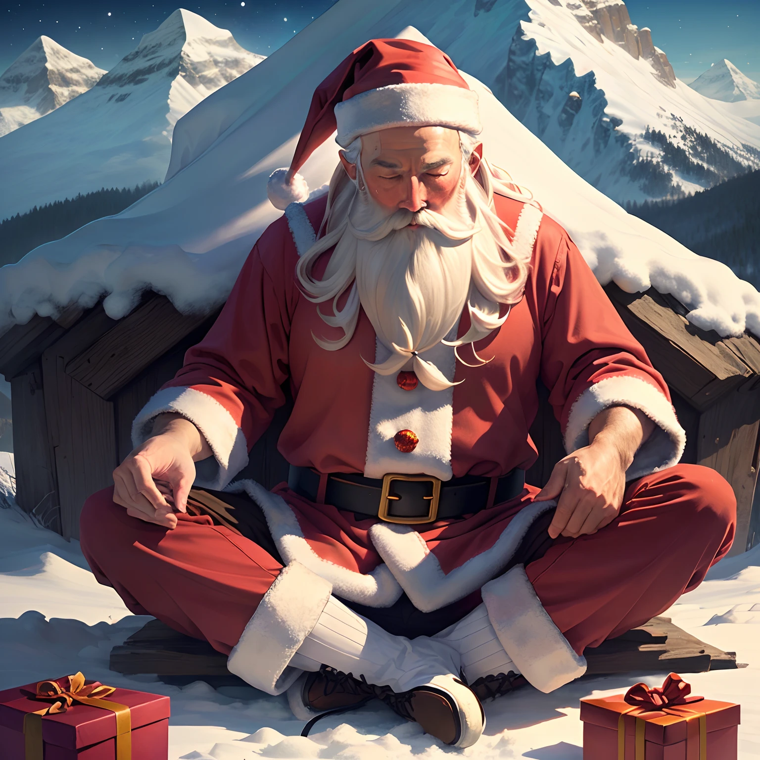 Depict Santa Claus meditating in the mountains