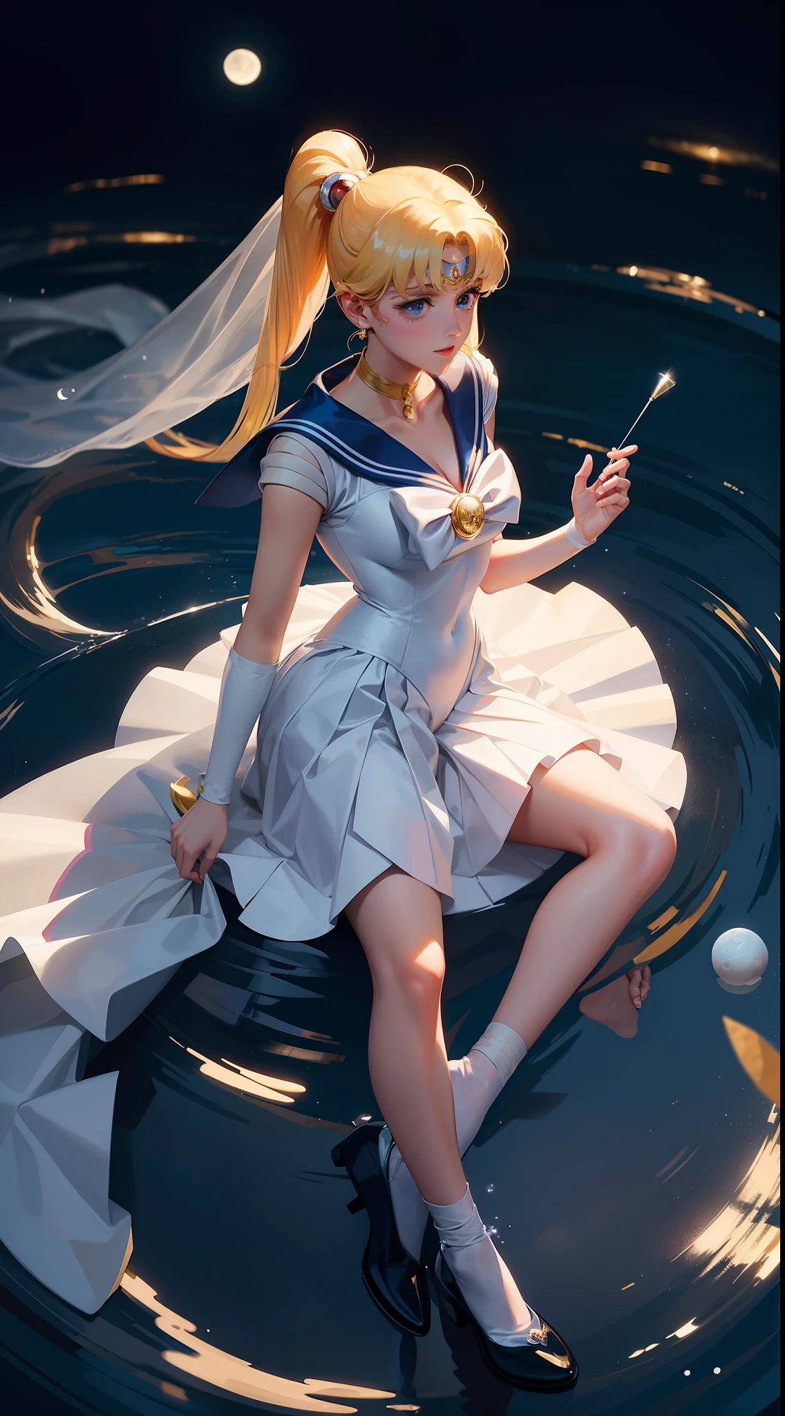 Sailor Moon in a wedding dress，Water Ice Moon，The background is the moon，A black rabbit next to him，Realistic characters