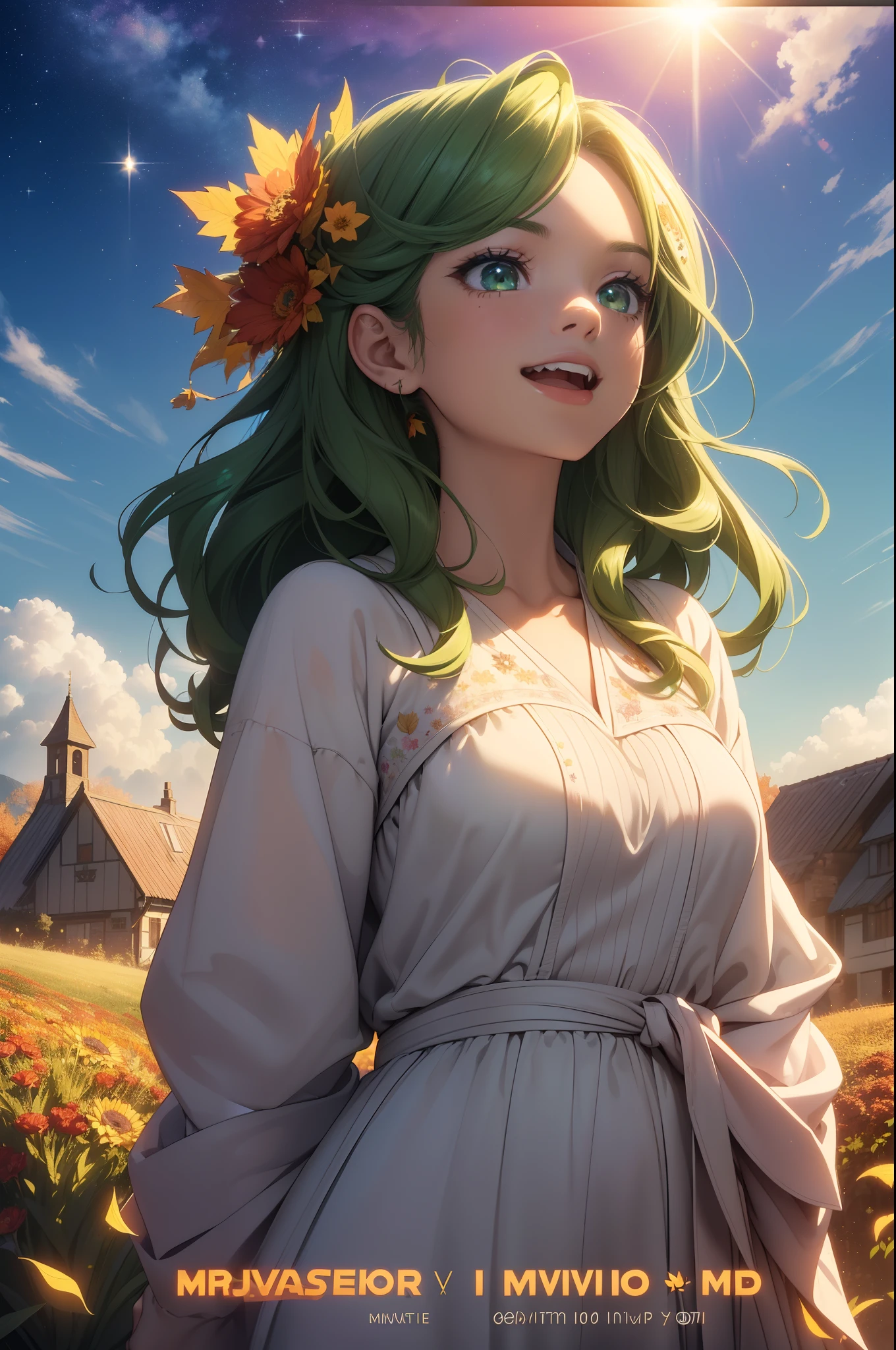 (Masterpiece), (best quality), (best movie poster:1.4),(Silhouette of a girl's head, happy smiling face, mouth open, (looking to the sky), (cloud girl), sun-set, upper body, colorful long waved hair, contemporary model，(big green crystal eyes), (long shining waved waved hair), wearing casual casual white attire, (reasonable design, Clear lines, High sharpness,Best quality, Very detailed, Masterpiece, movie light effect, 8K ), autumn air, autumn flowers and leafs, autumn air, (3D), colorful, sparkle and brilliant sun light ray dropping, twinkle, happy,