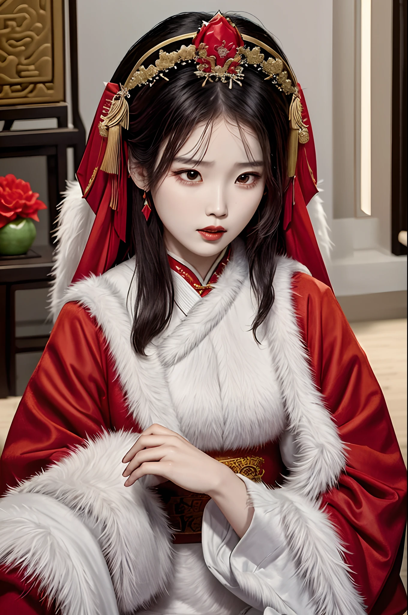 a woman in a red dress and a tia with a flower crown, ancient chinese princess, palace , a girl in hanfu, chinese princess, traditional beauty, a beautiful fantasy empress, chinese style, ancient chinese beauties, traditional chinese, wearing ancient chinese clothes, ((a beautiful fantasy empress)), chinese girl, chinese empress, ancient asian dynasty princess, hanfu