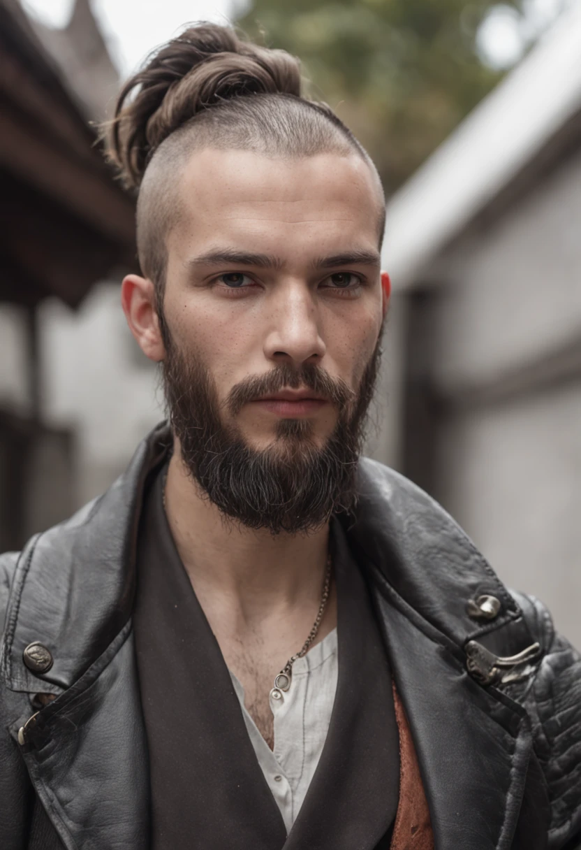 retrato de um homem caucasiano, homem de cabelos negros, homem jovem, dystopian urban setting, cabelo coque de samurai, homem de barba, jaqueta de couro preto