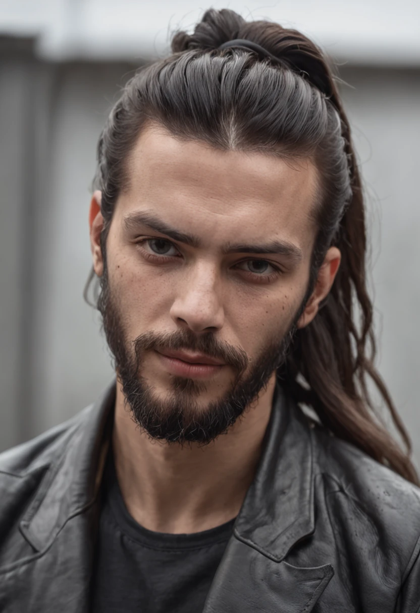 retrato de um homem caucasiano, homem de cabelos negros, homem jovem, dystopian urban setting, cabelo coque de samurai, homem de barba, jaqueta de couro preto