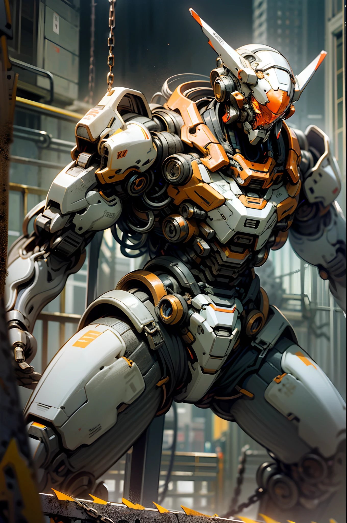 Dark_Fantasy,Cyberpunk,(chain saw,chain saw man,Red:1.1),1man,Mechanical marvel,Robotic presence,Cybernetic guardian, wearing a worn-out mech suit, intricate, (steel metal [rusty]), elegant, clear focus, shot by greg rutkowski, soft lighting, vibrant colors, masterpiece, ((street)), cowboy shot, dynamic pose,