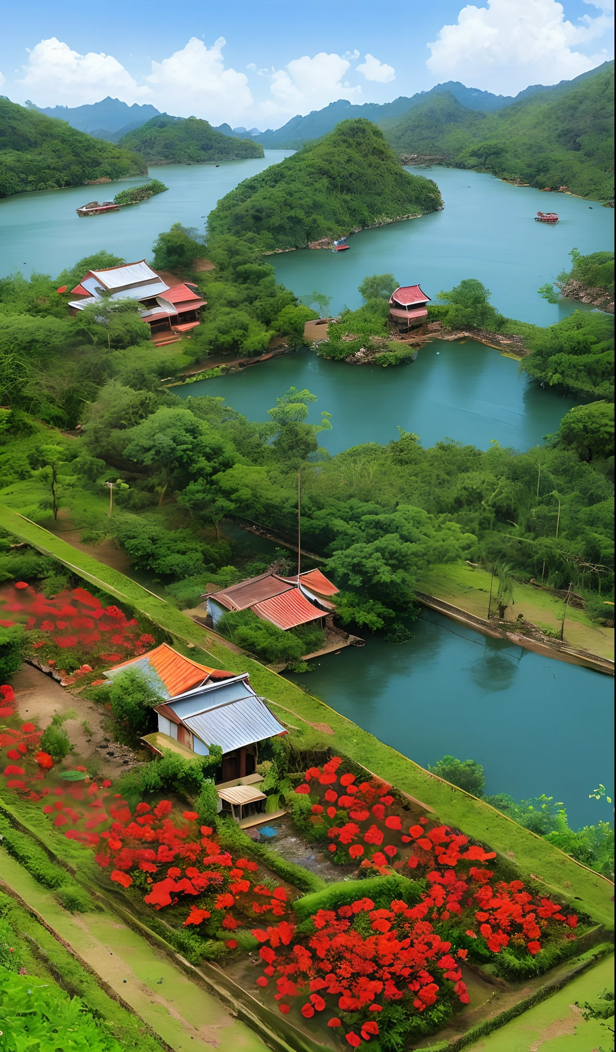 Vietnam 2-storey house, surrounded by roses, Add a lake, There is also a red elephant