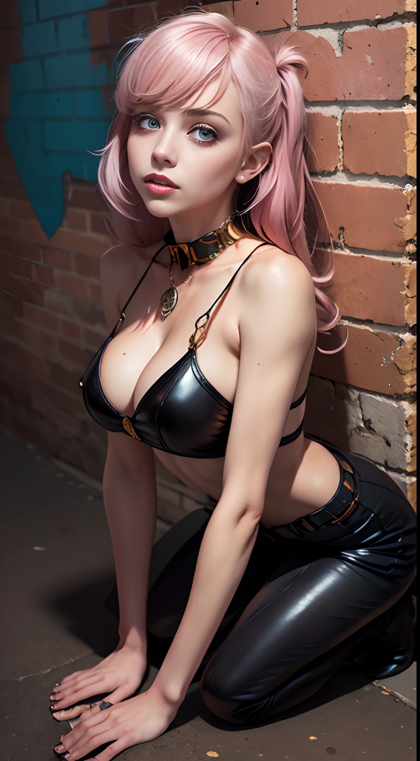 (masterpiece, best quality, 1girl, solo, intricate details, chromatic aberration), realistic, ((medium breath)),very long hair, pink hair, red head ornament, pink highlights, hair, with big boobs,Royal look, long hair,arte conceitual street punk, sexzy full body view top to bottom,  bend down  pose round mole ass view turnung viewing  ,fog background,arte street punk digital, arte street punk urban city area, Wojtek FUS, arte digital steampunk, detailed wild steampunk illustration, Portrait of a gold and copper chained woman, arte street punk, estilo de arte dieselpunk, (symmetry eyes),(perfect symmetrical body),against wall, brick wall, graffiti, dim lighting, alley ,look at viewer,high defination face, high defination eyes, realstic eyes