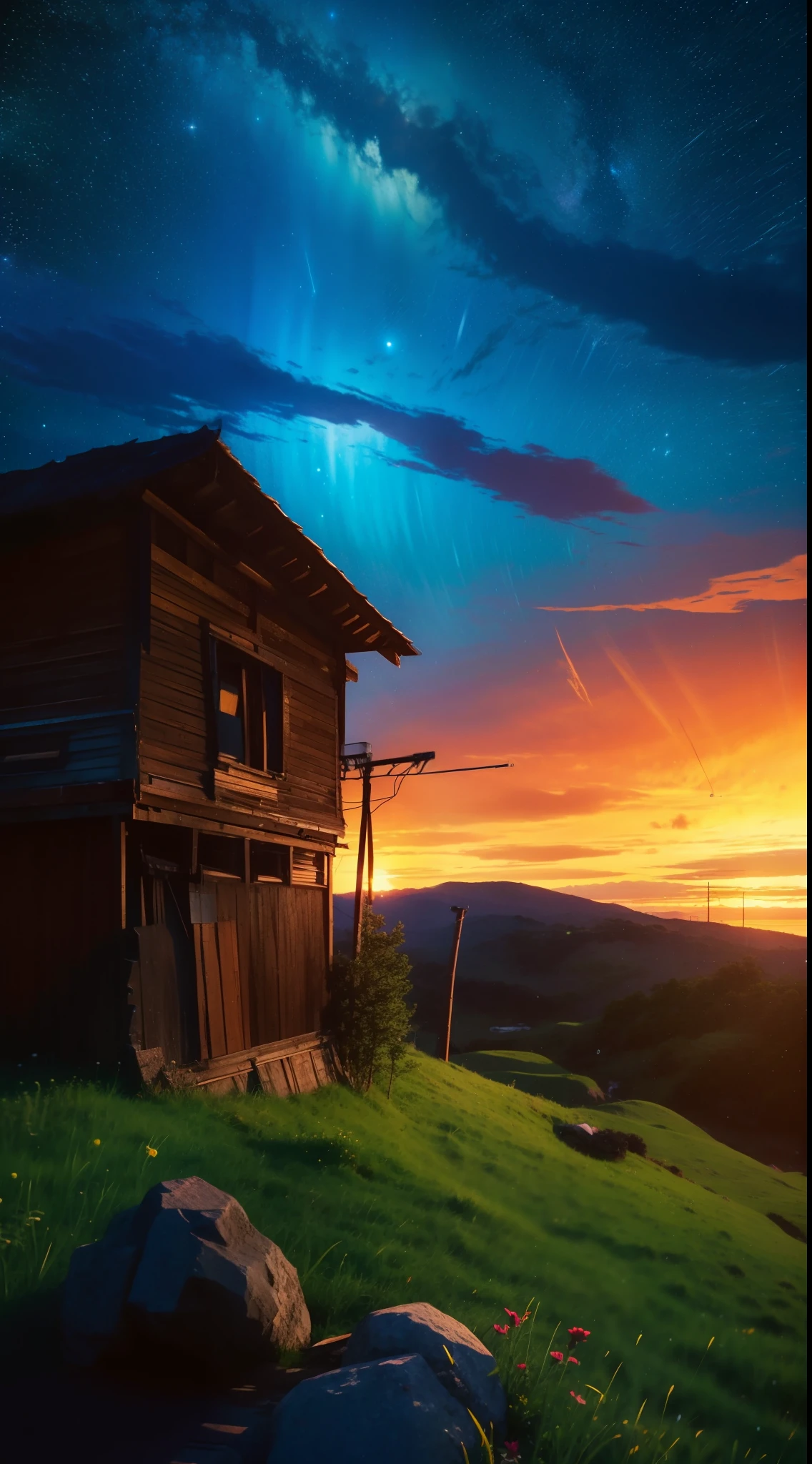 3 points of composition,in style of hayao miyazaki,(Hayao Miyazaki animated film:1.4),1 Outdoor girls,Floral slip dress,Qi bangs straight long hair, the night, starrysky, in a panoramic view, scenecy, horizon,hilltop, Sit on top of the hill,Knees folded, ventania,The wind ruffled the long hair,(中景 the scene is:1.4),super-fine,Works of masters,high qulity,8K分辨率,depth of fields,电影灯光,Epic shooting,high qulity,super-fine,Detailed pubic hair,Accurate,Cinematic lighting,((best qualtiy)), ((tmasterpiece)), (A detailed:1.4),Enhanced dynamic perspective