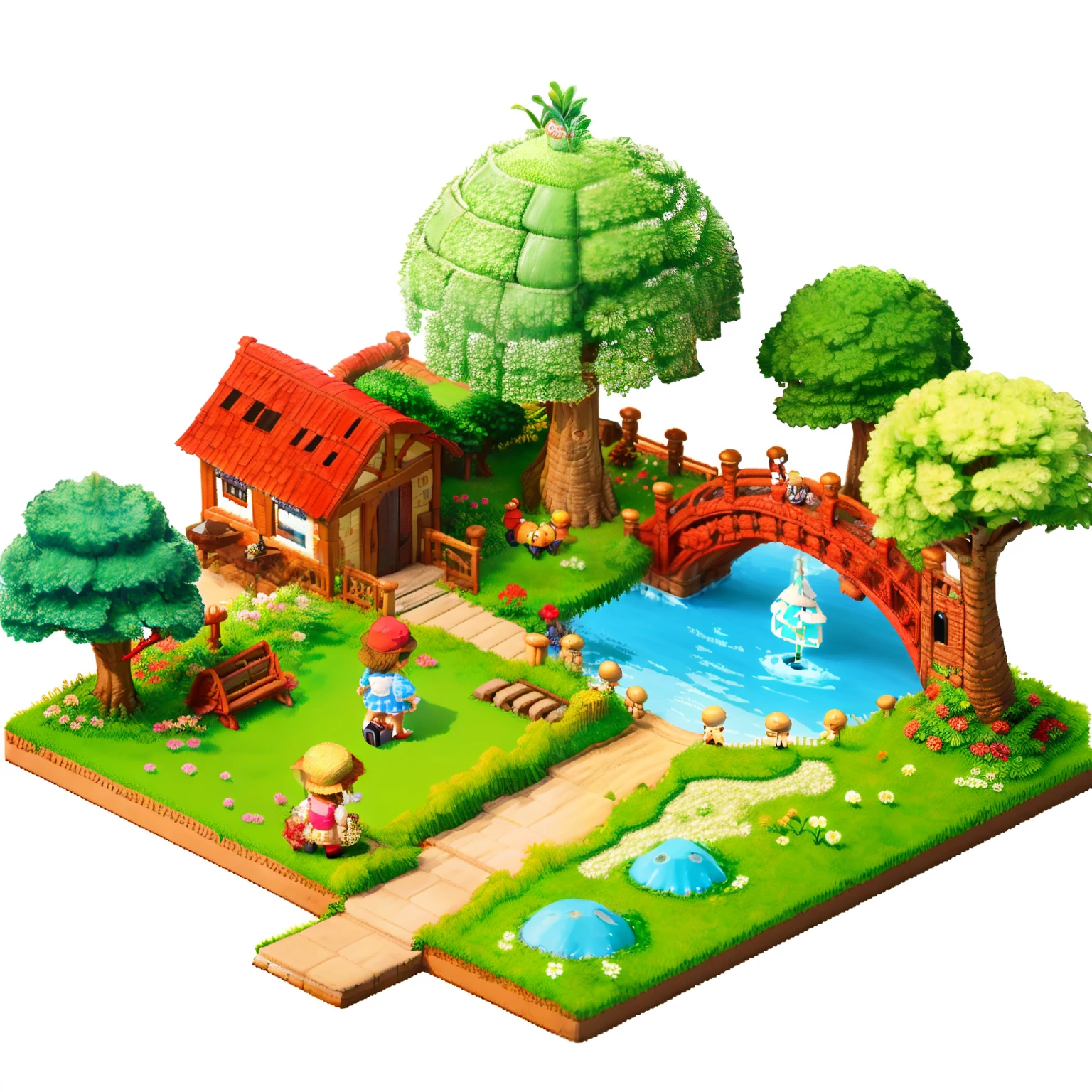 pixel game，（Pixel art：1.4），Q version《*********** with teddy bear》，Straw Hat Hat，basket，Floral dress，Little red leather shoes，The tree，small bridge flowing water，small boats，Flowers and plants，（Mushroom hut：1.4），Cogumelos，isometry