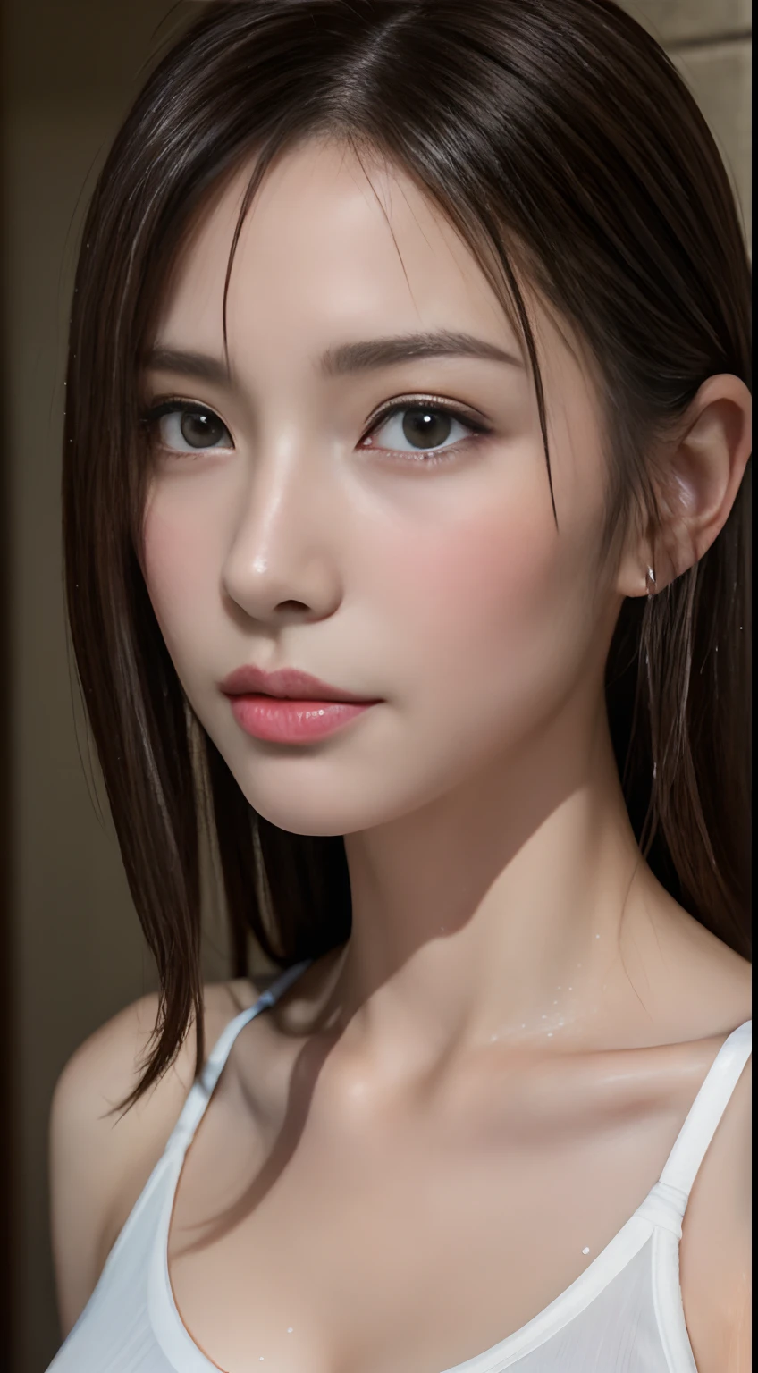 Beautiful handsome woman, ((of the highest quality, 8K, masutepiece:1.3)), Pretty Woman, 1 woman, Huge breasts:1.3, Slender figure:1.1, elastic dark brown hair, (taking shower, Wet body, Wet clothes:1.1), Very detailed face, Detailed lips, Detailed eyes, Double eyelids, on tongue