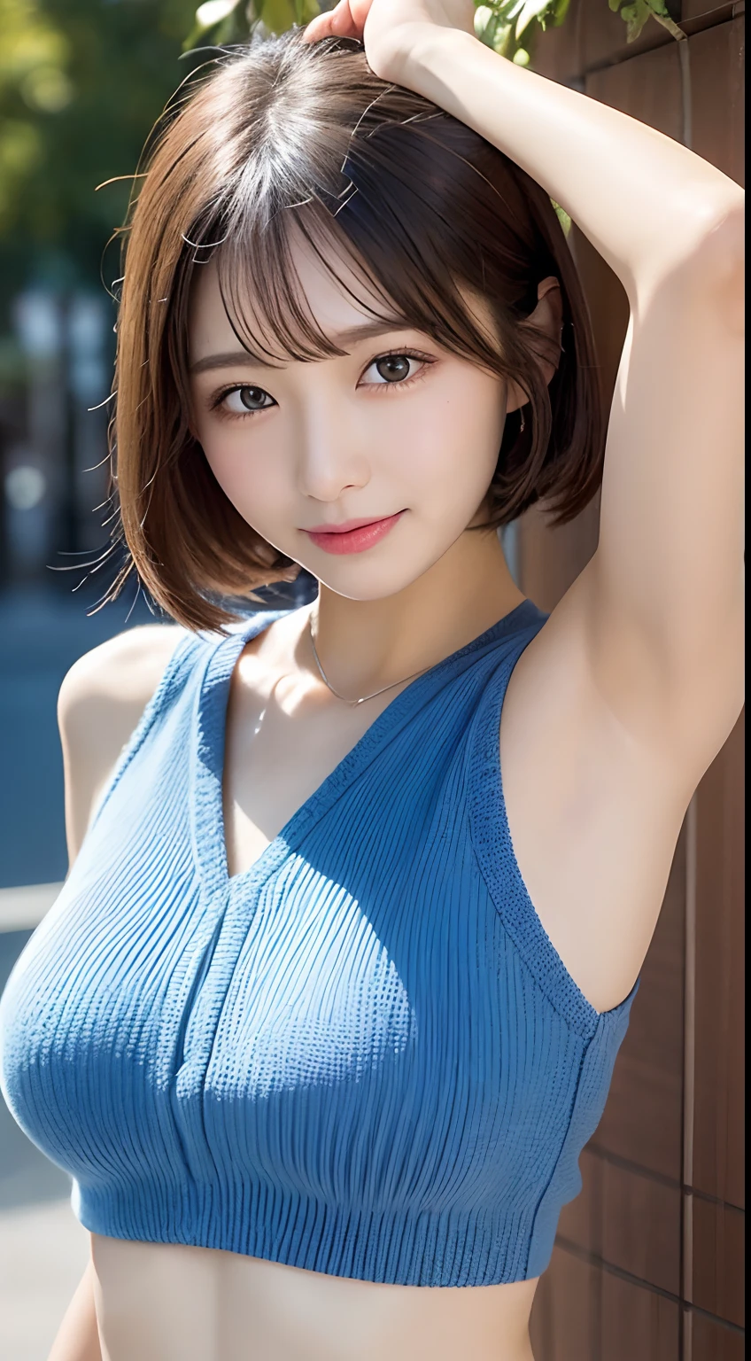 (((medium hair))), best quality, 8K, HDR, highres, absurdres:1.2, blurry background, bokeh:1.2, Photography, (RAW photo:1.2), (photorealistic:1.4), (masterpiece:1.3), (intricate details:1.2), 1girl, solo, japanese girl, delicate, beautiful detailed, (detailed eyes), (detailed facial features), , (((small breasts))), skin tight, (looking_at_viewer), from_front, (skinny), (best quality:1.4), (ultra highres:1.2), cinema light, (extreme detailed illustration), (lipgloss, best quality, ultra highres, depth of field, caustics, Broad lighting, natural shading, 85mm, f/1.4, ISO 200, 1/160s:0.75),1girl, solo, (((blue vest))) smile, school uniform, necklace,