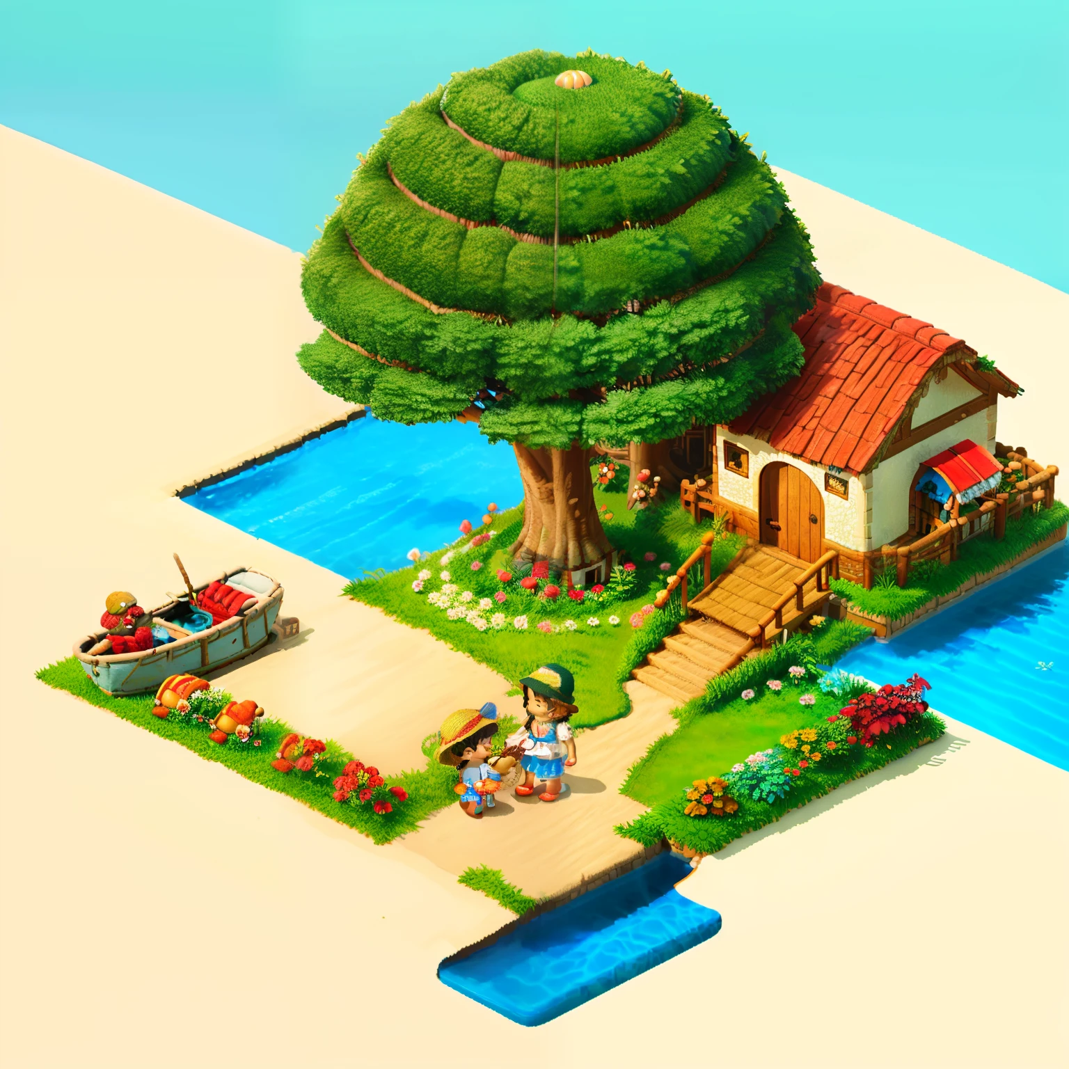 pixel game，（Pixel art：1.4），Q version《*********** with teddy bear》，Straw Hat Hat，basket，Floral dress，Little red leather shoes，The tree，small bridge flowing water，small boats，Flowers and plants，（Mushroom hut：1.4），Cogumelos，isometry