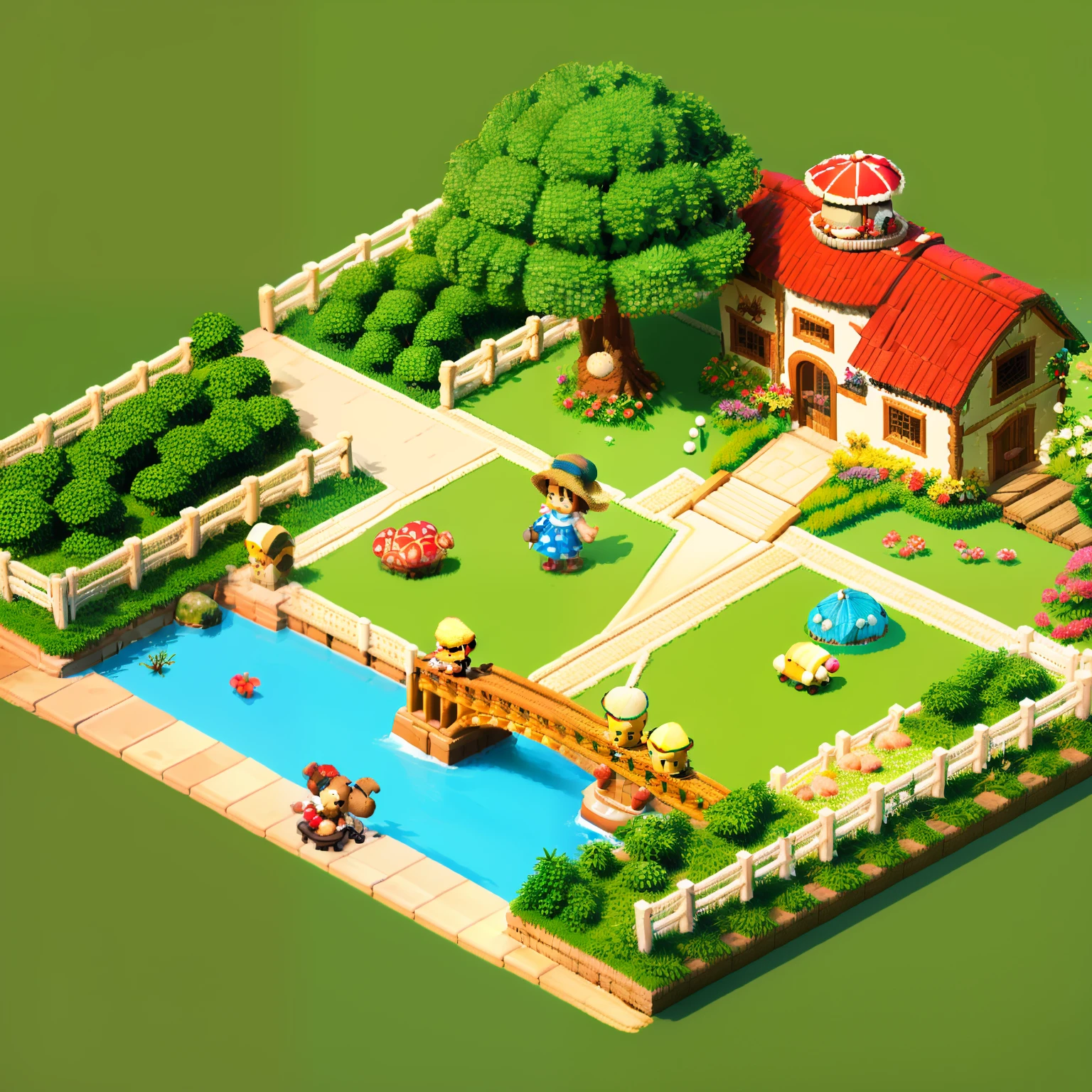 pixel game，（Pixel art：1.4），Q version《*********** with teddy bear》，Straw Hat Hat，basket，Floral dress，Little red leather shoes，The tree，small bridge flowing water，small boats，Flowers and plants，（Mushroom hut：1.4），Cogumelos，isometry