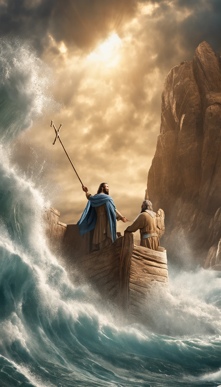 Craft a photorealistic scene portraying the biblical account of Moses parting the sea using a staff. Depict Noah standing at the water's edge, holding a staff high above his head, as towering waves split apart on either side of him. Capture the immense scale and power of the water as it forms a dramatic corridor, showcasing the forceful separation of the sea. Utilize lighting to emphasize the divine nature of the moment, with rays of light breaking through the clouds and casting an ethereal glow. Convey the sense of awe and reverence that this miraculous event elicits, while highlighting Noah's pivotal role in fulfilling a divine purpose.