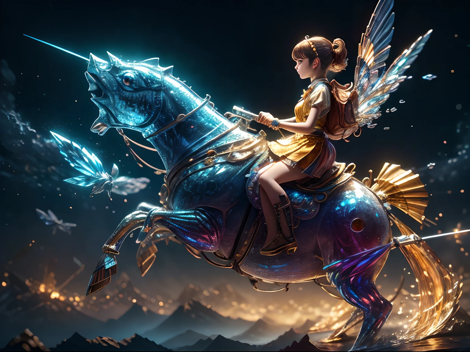 (Masterpiece, Top Quality, Best Quality, Ultimate Detail, Highest Detail, Official Art, Beauty & Aesthetics: 1.2), Golden Ratio, Full Composition, official art, Unity 8k wallpaper, super detailed, beautiful, (fractal art: 1.4), the school girl is riding on the silver turtle, flying over the town, full body, crystallineAI, from below, splash,crystal,rainbow