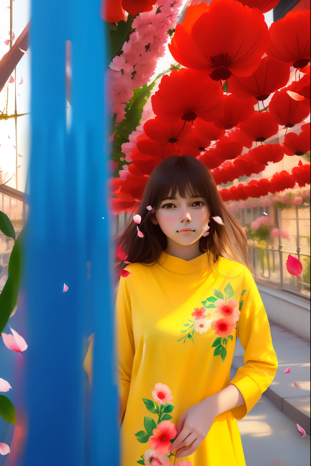 "(Best quality, masterpiece, ultra-realistic) Portrait of a beautiful and delicate girl, playful and cute, with floating petals in the background."