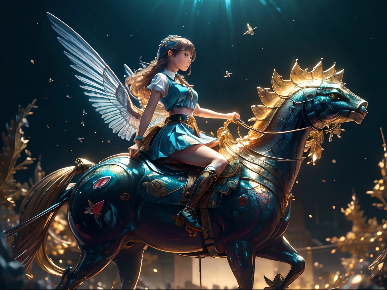 (Masterpiece, Top Quality, Best Quality, Ultimate Detail, Highest Detail, Official Art, Beauty & Aesthetics: 1.2), Golden Ratio, Full Composition, official art, Unity 8k wallpaper, super detailed, beautiful, (fractal art: 1.4), the school girl is riding on the silver turtle, flying over the town, full body, crystallineAI, from below, splash,crystal,rainbow