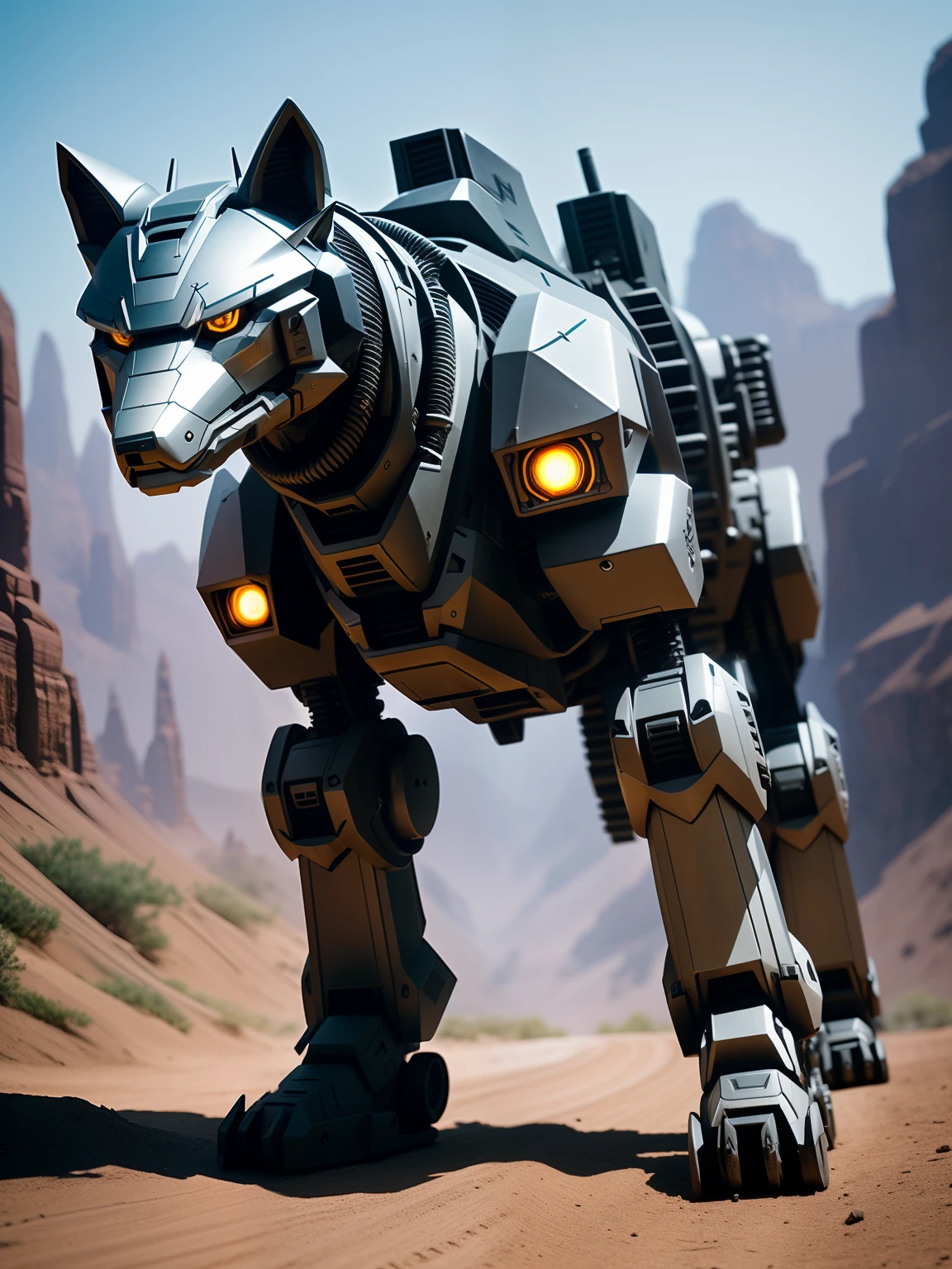 low  angle shot、Metal robot wolf、quadrupedal walking、(cyborgs:1.1)、([tailed | Detailed wire]:1.3)、(intricate-detail)、nffsw、(intricate-detail、hyperdetails:1.2)、Cinematic shots、vignettes、central、Ride through the rugged wilderness、