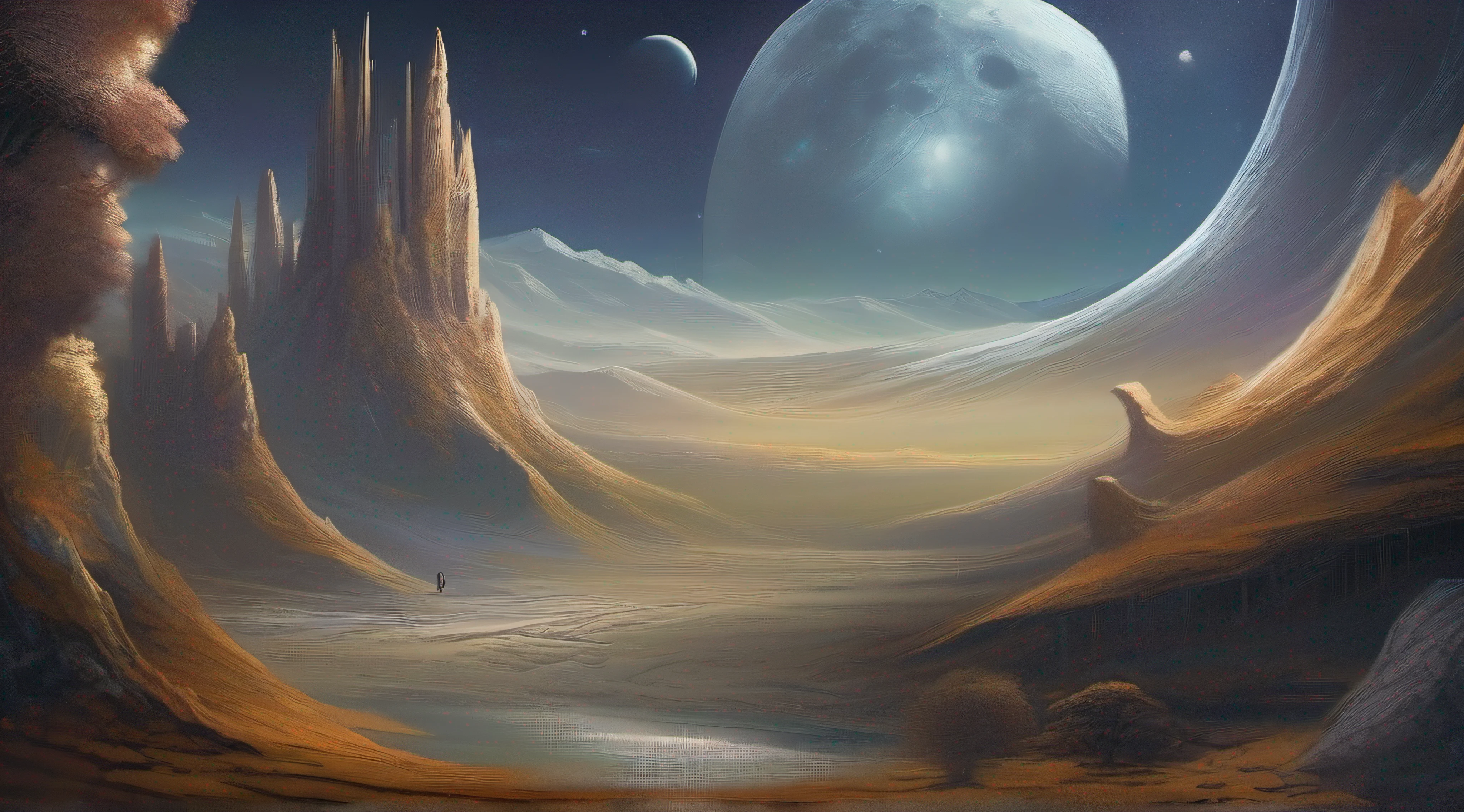 Visitante Lunar, Em algum recanto da lua, an otherworldly being roams the surface, as it stretches out into a ghostly landscape. The scene is a glimpse of a cosmic encounter, um momento em que mundos se tocam. Lunar light gives life to the alien figure, criando um contraste entre o desconhecido e o familiar. The atmosphere is charged with mystery, Like a fragment of an intergalactic dream