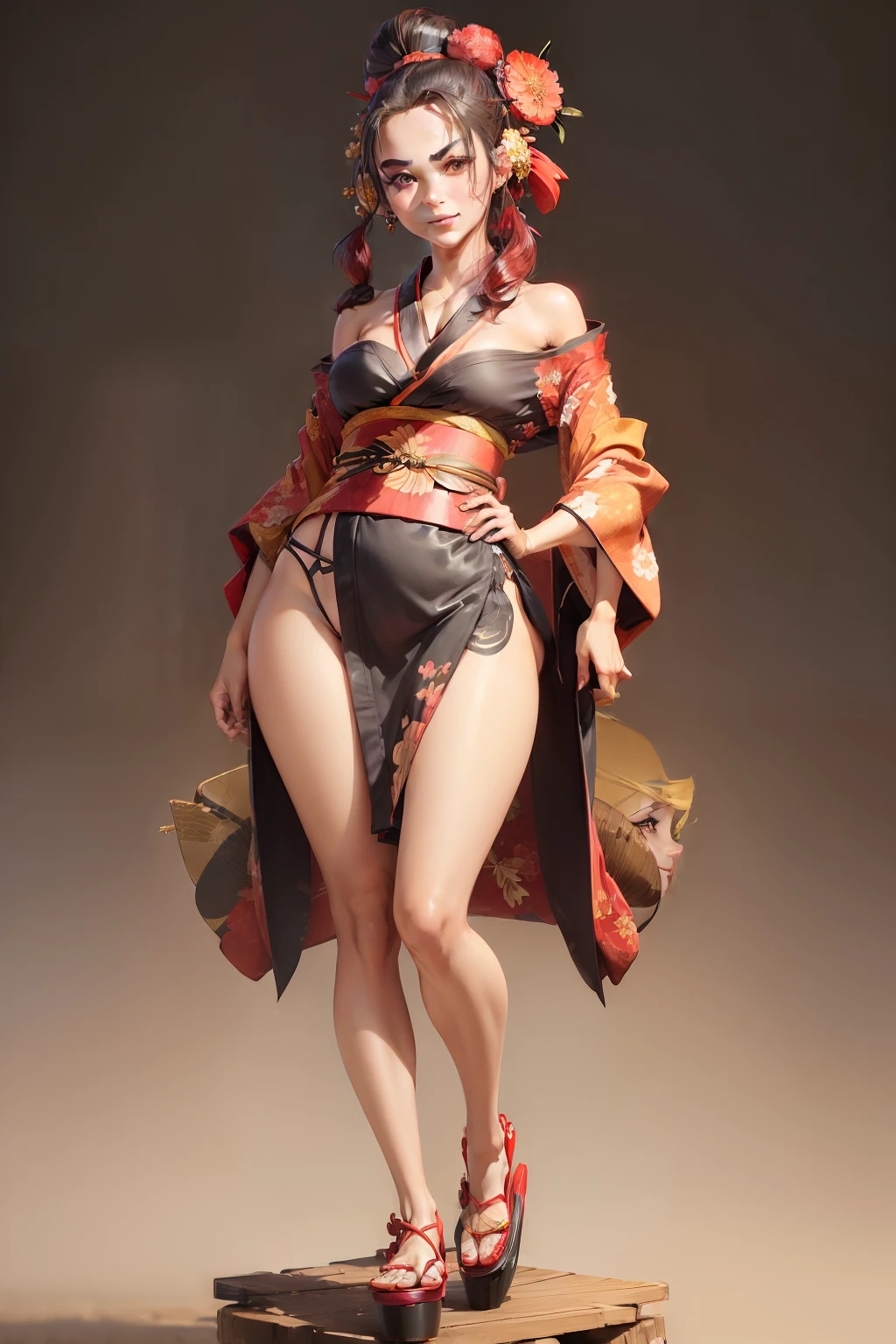(((((((exposed shoulders, exposed cleavage, exposed thigh, exposed hips, eyes, wear strappy sandals, wear strappy thighs, 1human Japanese female, high-pony tail hair, big eyes, thin lips, thin nose, full body view, grin smile, slander body,atlet body, dynamic standing pose) kimono) willow) platform) gold) red) black) abstract body paint), tense nipple and tense camel toe, anime girl in a crotchless bikini with headphones and a cell phone, show camel toe, artgerm colorful!!!, artgerm. anime illustration, extremely detailed artgerm, artgerm style, artgerm detailed, in style of artgerm, artgerm and ben lo, artgerm lau, range murata and artgerm, style of artgerm
